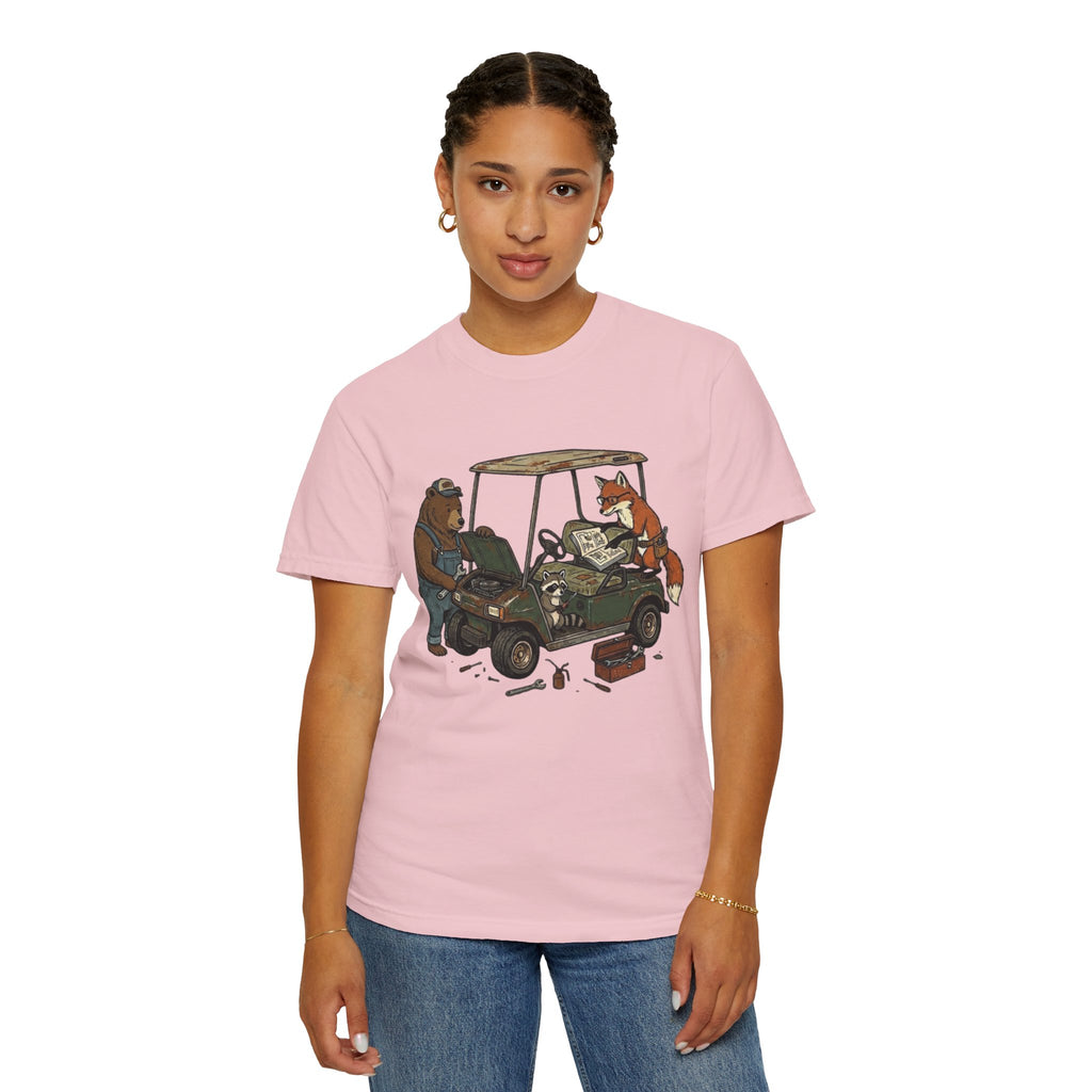 Golf Cart Mechanics T-Shirt — Bear & Fox Cartoon Repair Design