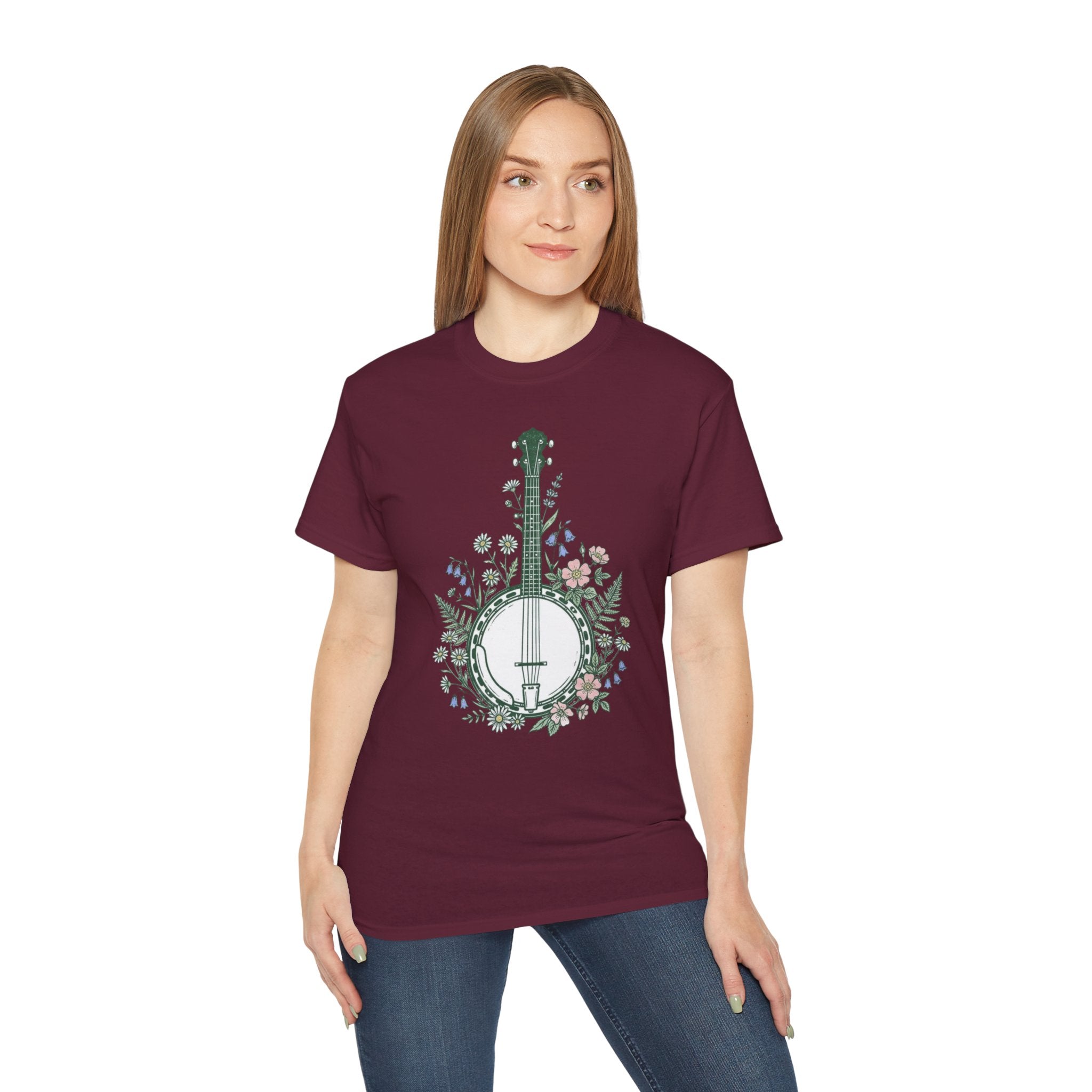 Floral Banjo Tee — Botanical Music Graphic T-Shirt