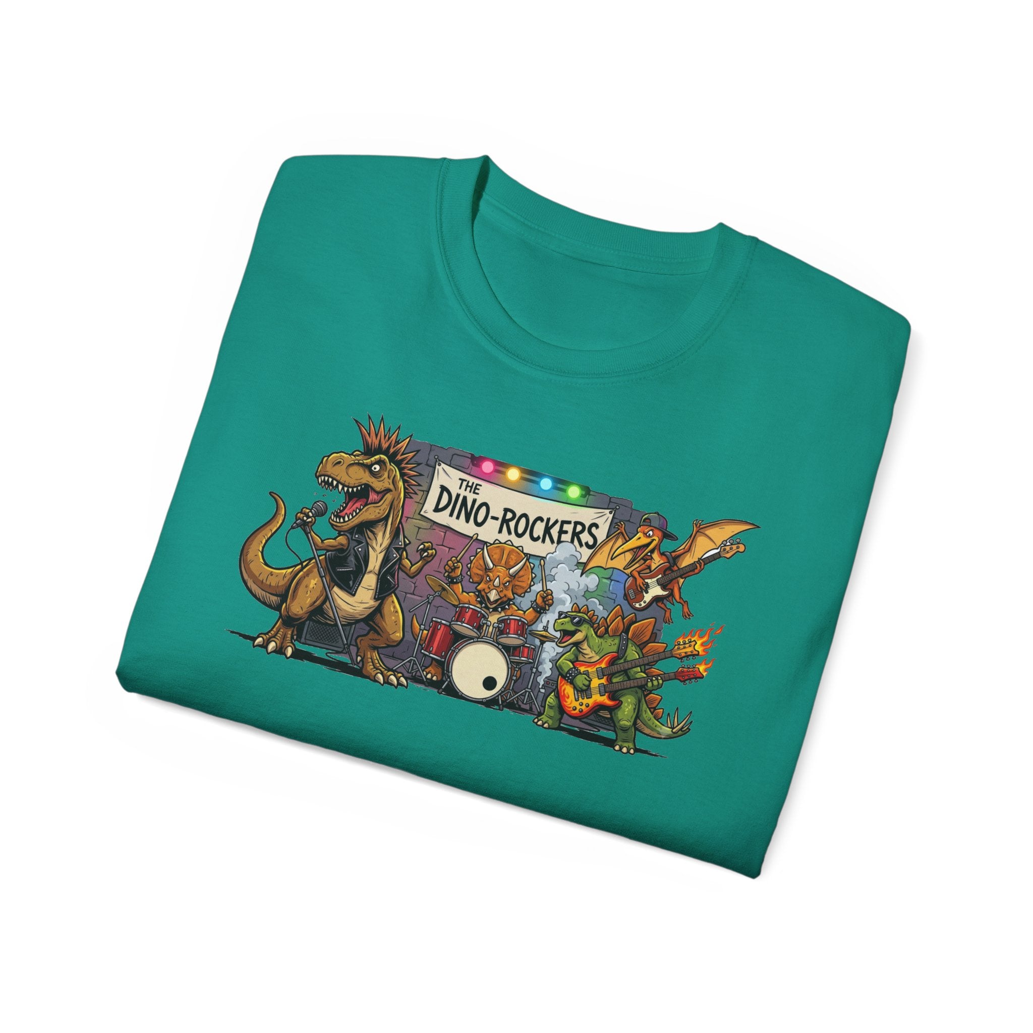 Dino Rockers T-Shirt – Retro Dinosaur Band Graphic Tee