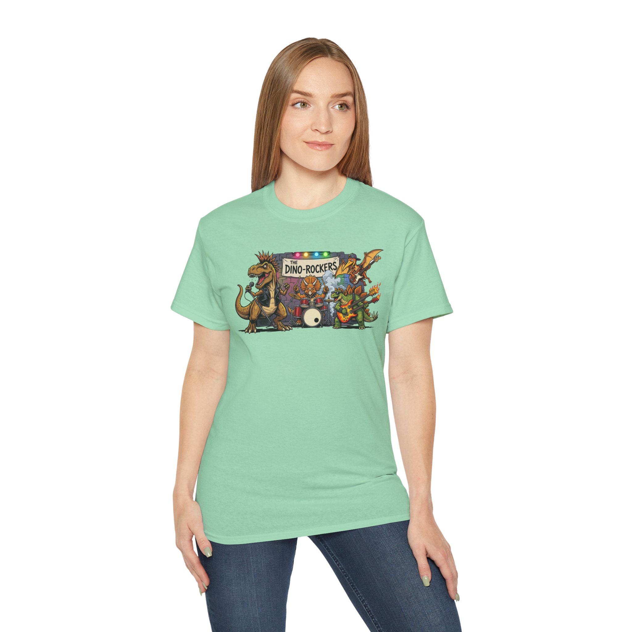 Dino Rockers T-Shirt – Retro Dinosaur Band Graphic Tee