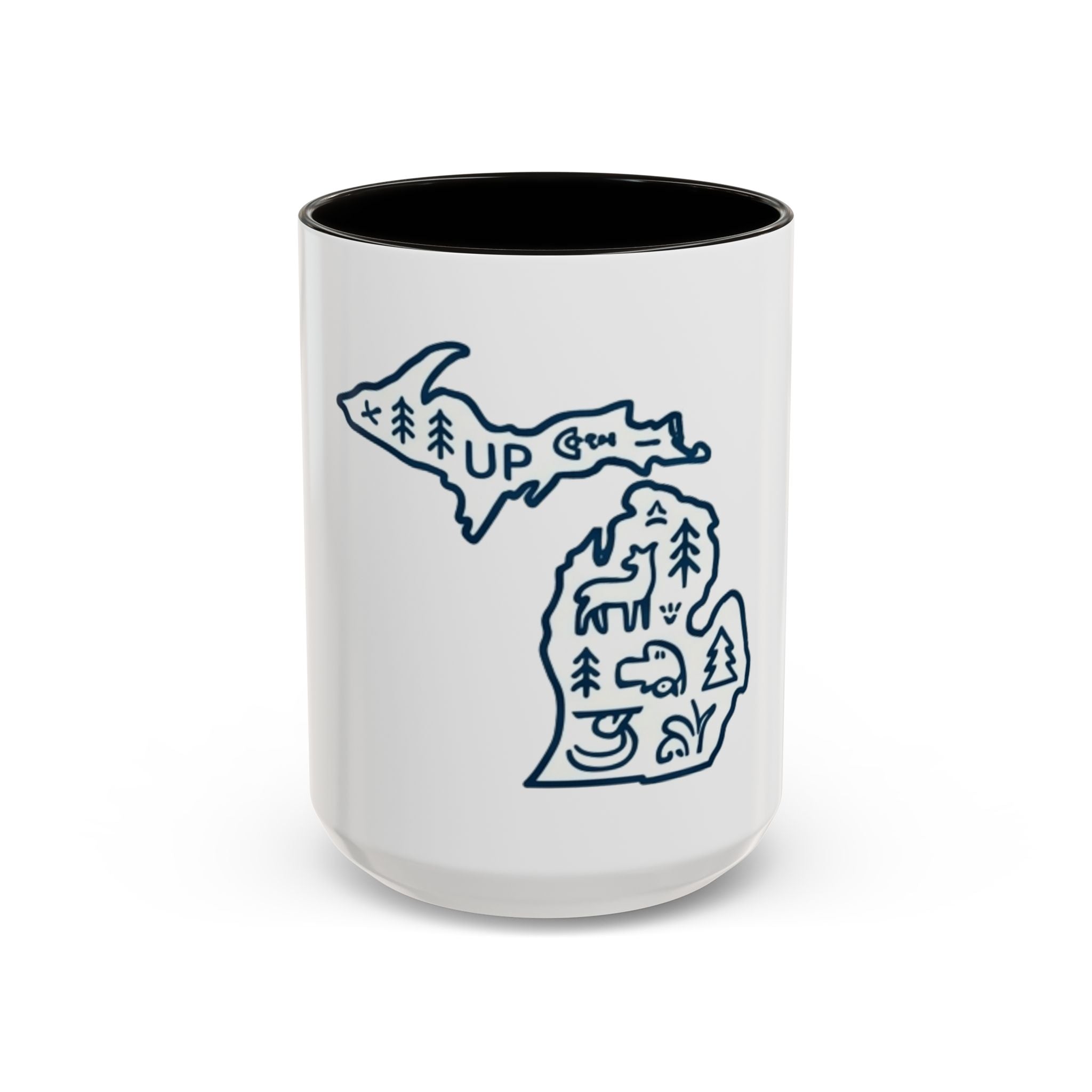 Michigan Outline Mug with UP & Outdoor Icons – Great Lakes State Coffee Cup (11oz/15oz)