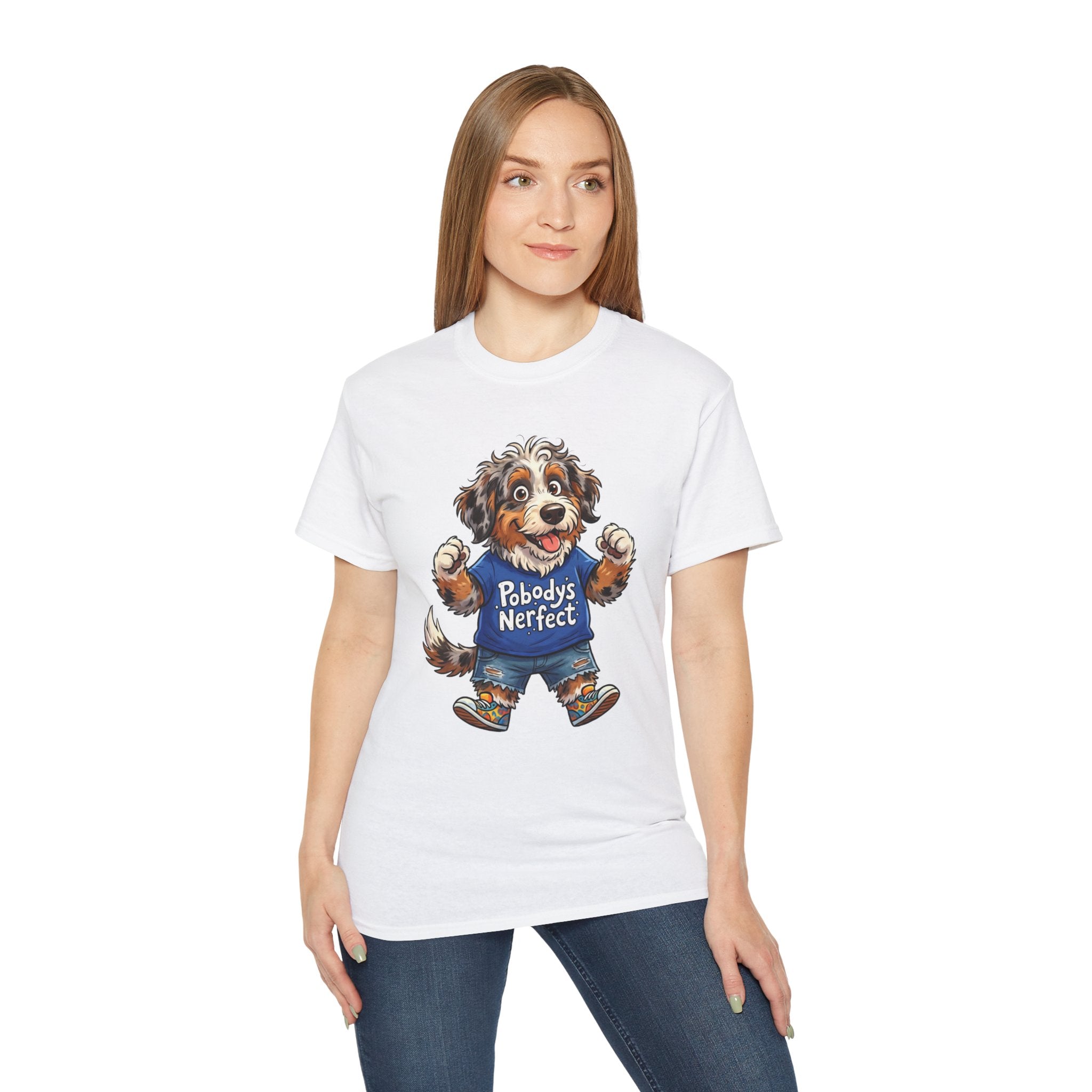 Dog Lover T‑Shirt – Cute Pup Wearing “Pobody's Nerfect” Shirt (Funny Pet Tee)