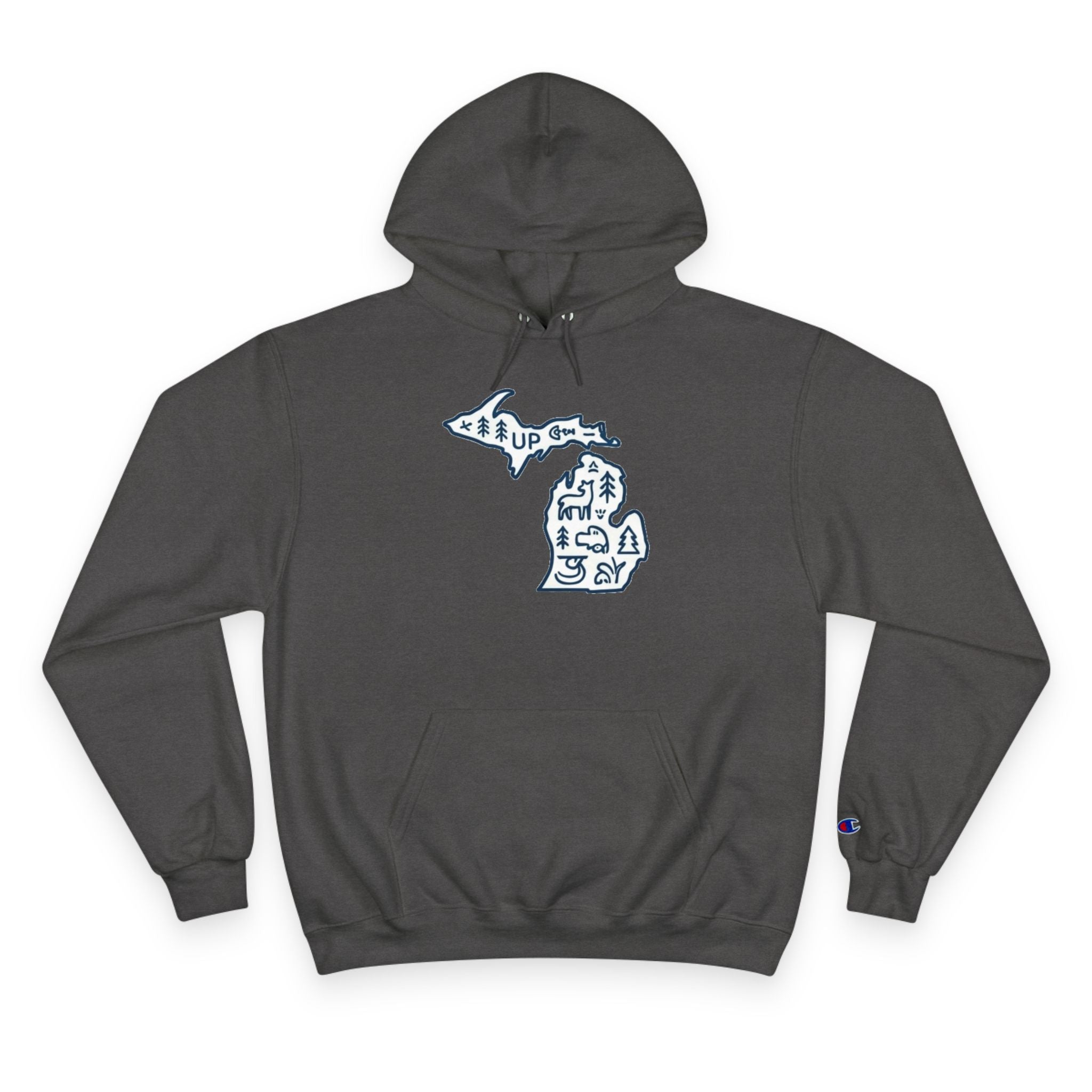 Michigan Map Champion Hoodie — Cozy State Pride Pullover with Iconic Symbols