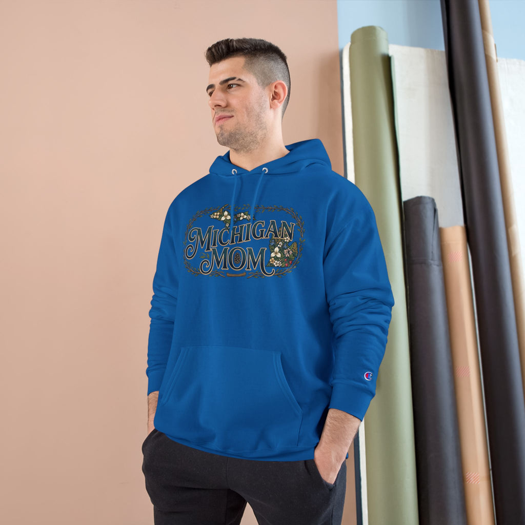 Michigan Mom Hoodie – Champion Pullover with Vintage State Floral Design