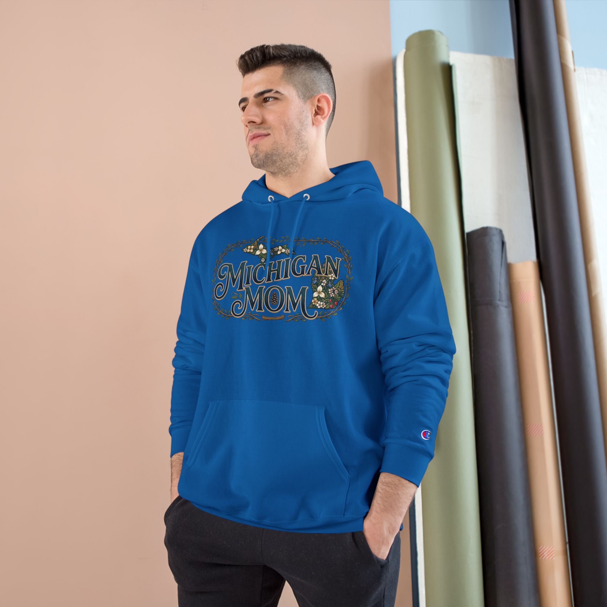 Michigan Mom Hoodie – Champion Pullover with Vintage State Floral Design