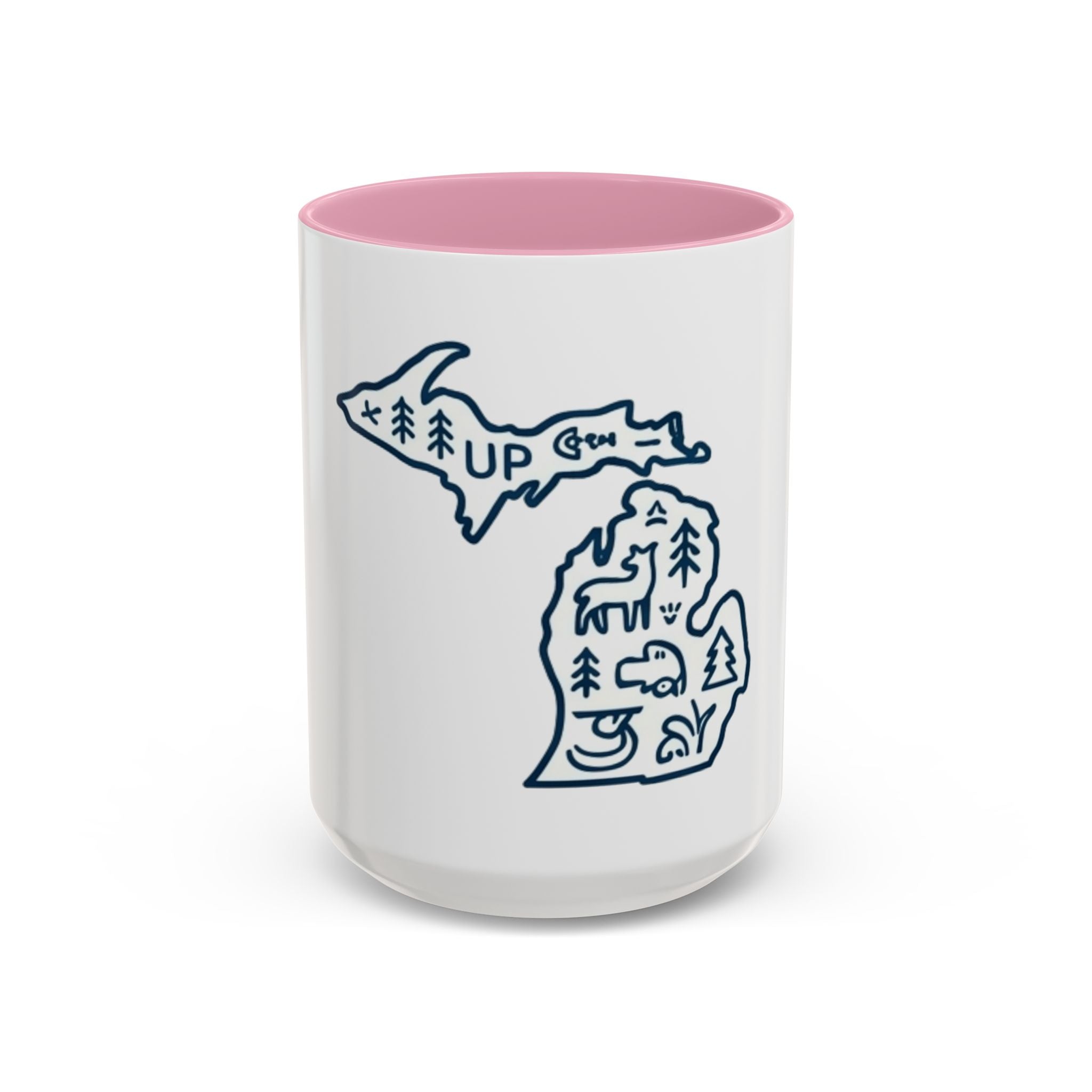 Michigan Outline Mug with UP & Outdoor Icons – Great Lakes State Coffee Cup (11oz/15oz)