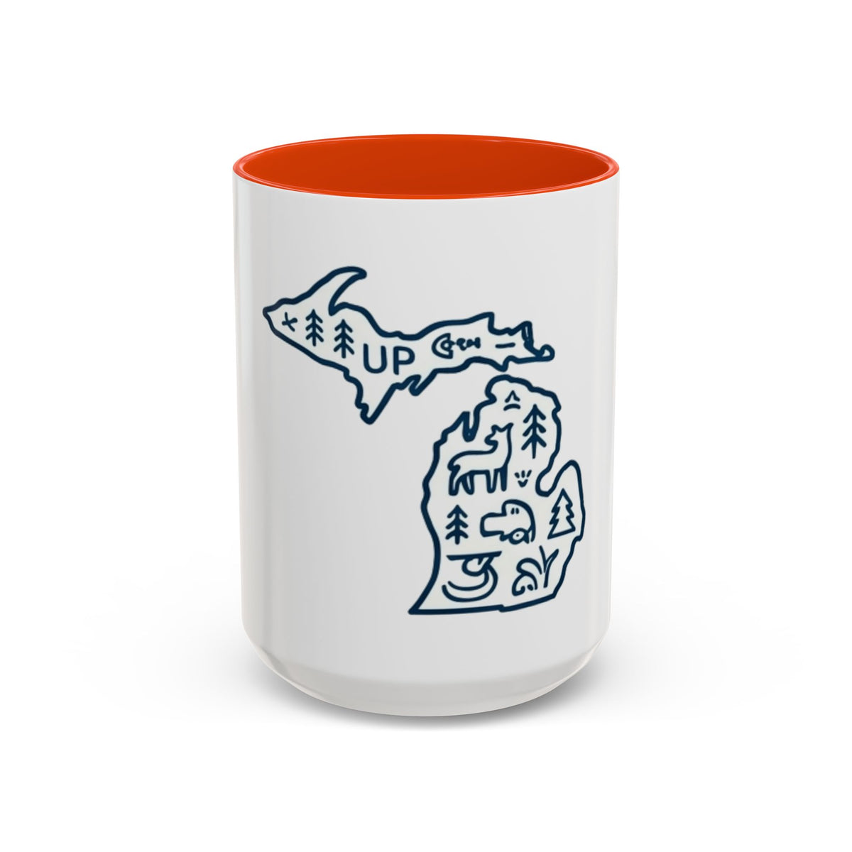 Michigan Outline Mug with UP & Outdoor Icons – Great Lakes State Coffee Cup (11oz/15oz)