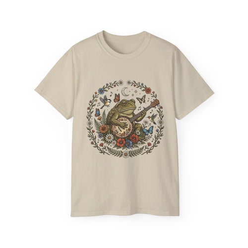 Folk Art Toad Banjo Tee — Floral Moonlight Frog Banjo  T-Shirt