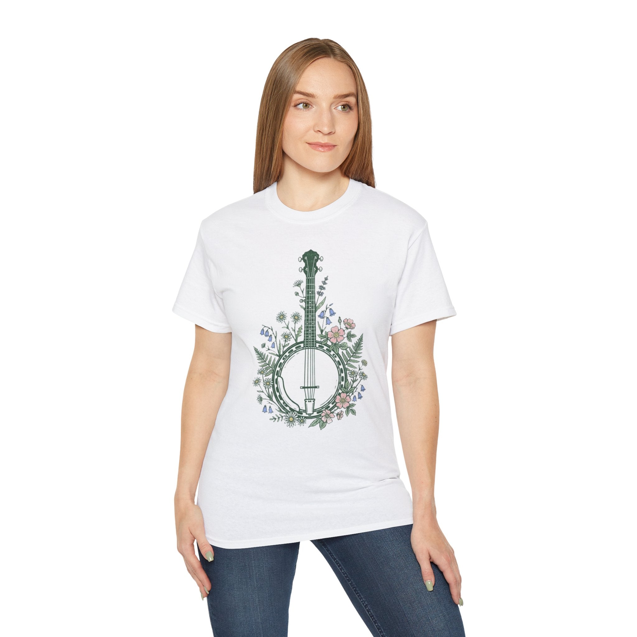 Floral Banjo Tee — Botanical Music Graphic T-Shirt