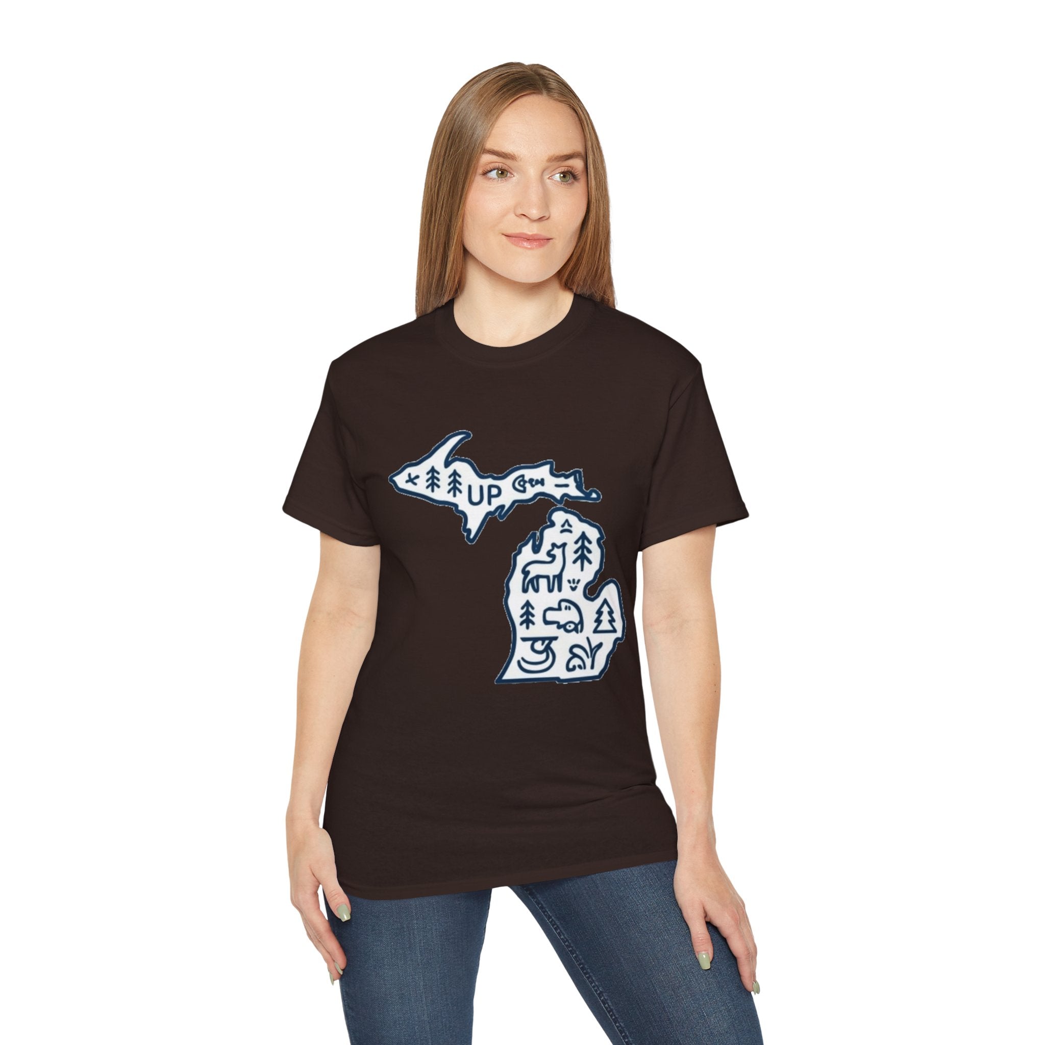 Michigan Outdoor Map T-Shirt — UP & Lower Peninsula Nature Design