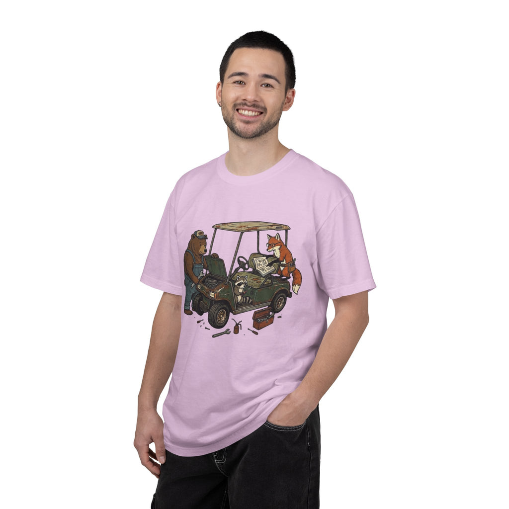 Golf Cart Mechanics T-Shirt — Bear & Fox Cartoon Repair Design