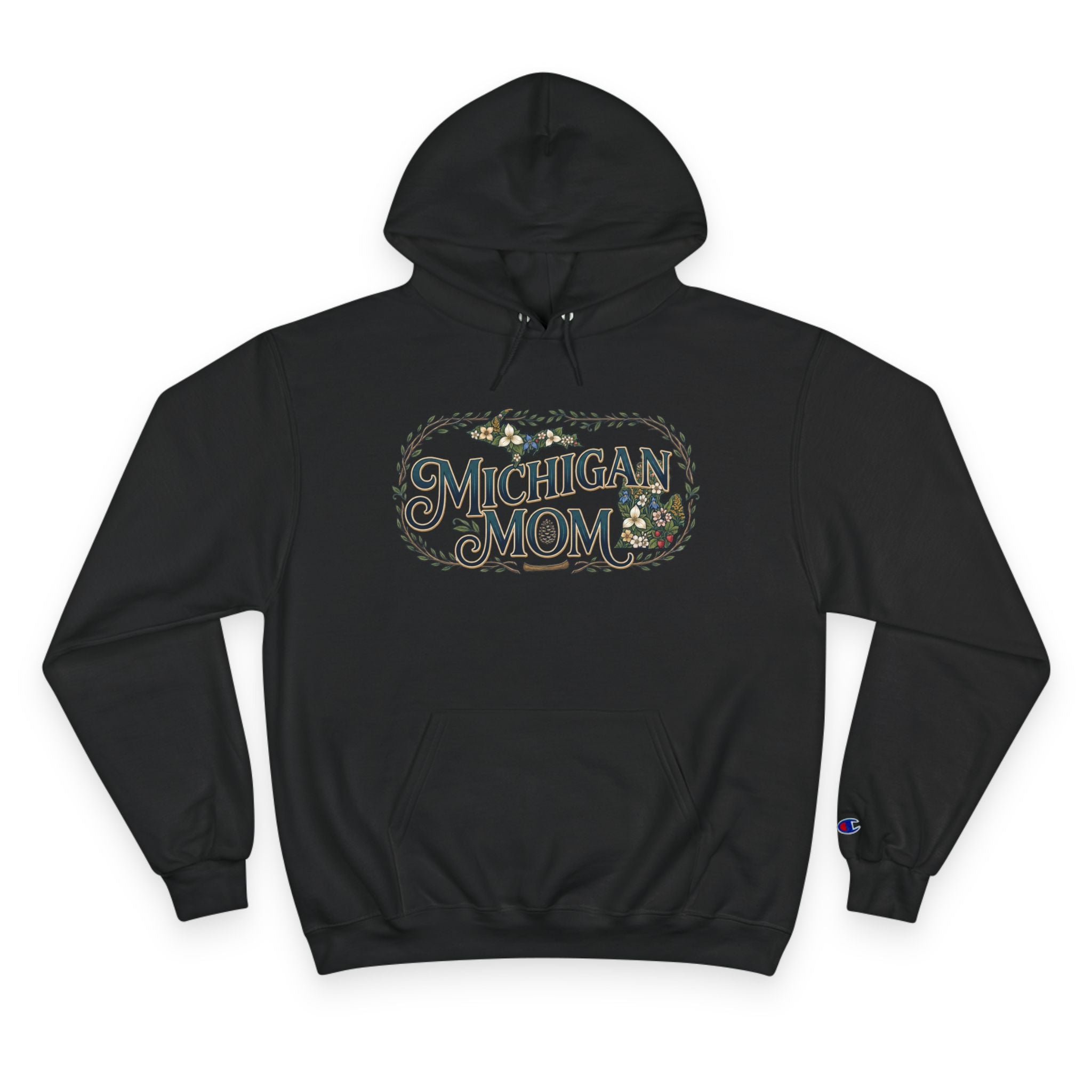 Michigan Mom Hoodie – Champion Pullover with Vintage State Floral Design