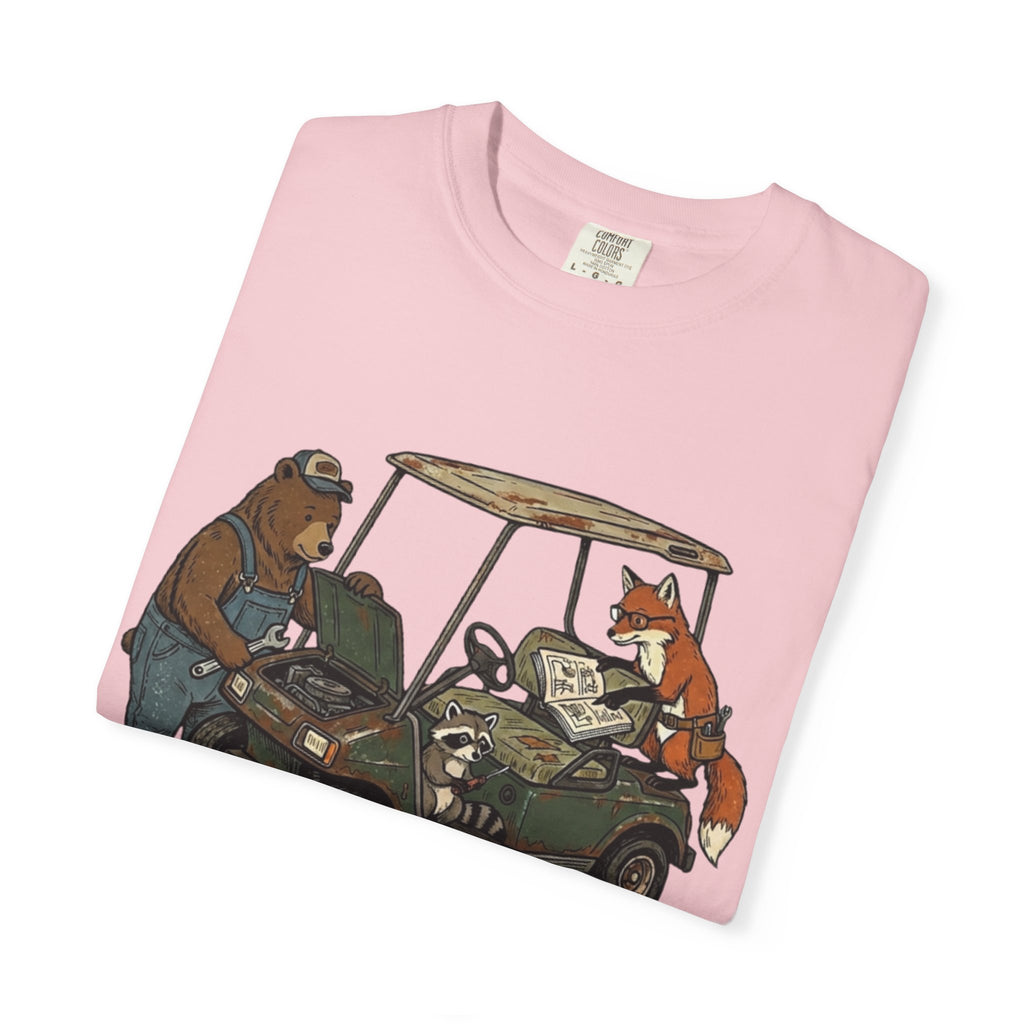 Golf Cart Mechanics T-Shirt — Bear & Fox Cartoon Repair Design