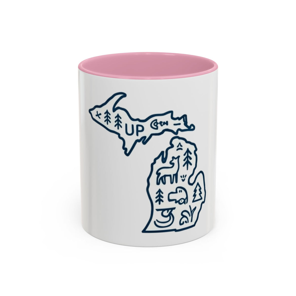Michigan Outline Mug with UP & Outdoor Icons – Great Lakes State Coffee Cup (11oz/15oz)