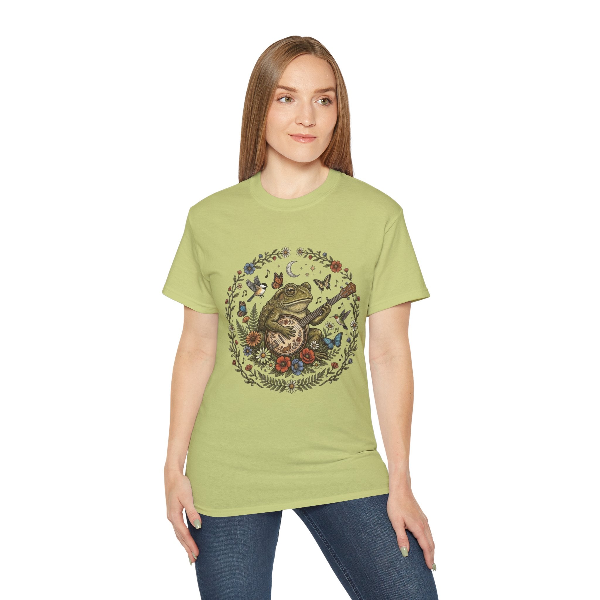 Folk Art Toad Banjo Tee — Floral Moonlight Frog Banjo  T-Shirt
