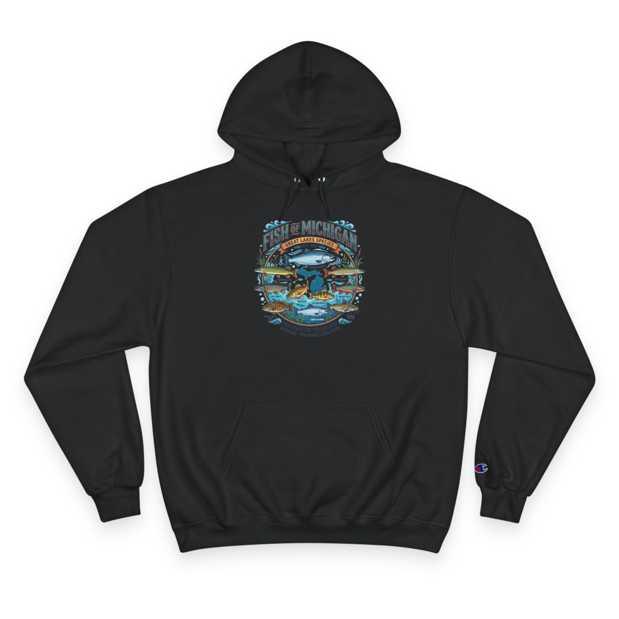 Retro Fishing Lakes Graphic Pullover Hoodie — Champion Hoodie