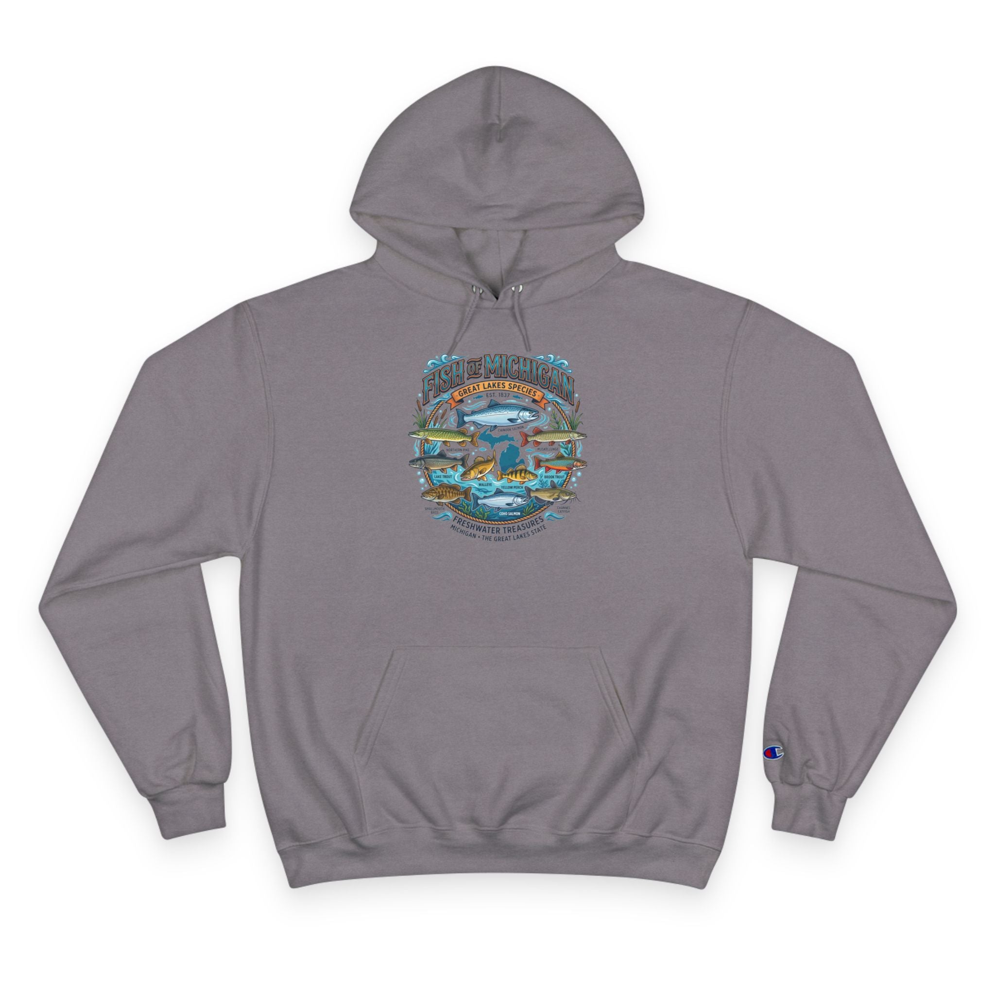 Retro Fishing Lakes Graphic Pullover Hoodie — Champion Hoodie