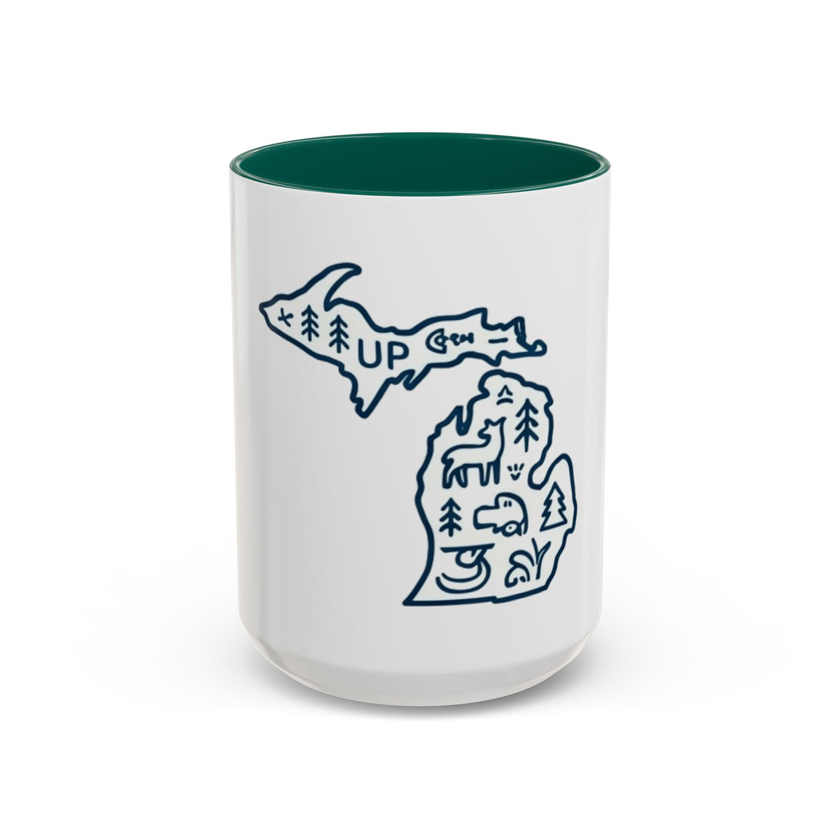 Michigan Outline Mug with UP & Outdoor Icons – Great Lakes State Coffee Cup (11oz/15oz)