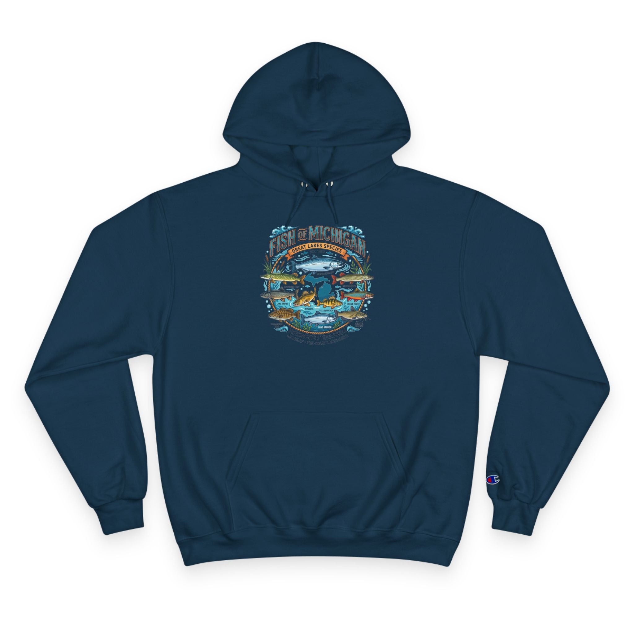 Retro Fishing Lakes Graphic Pullover Hoodie — Champion Hoodie