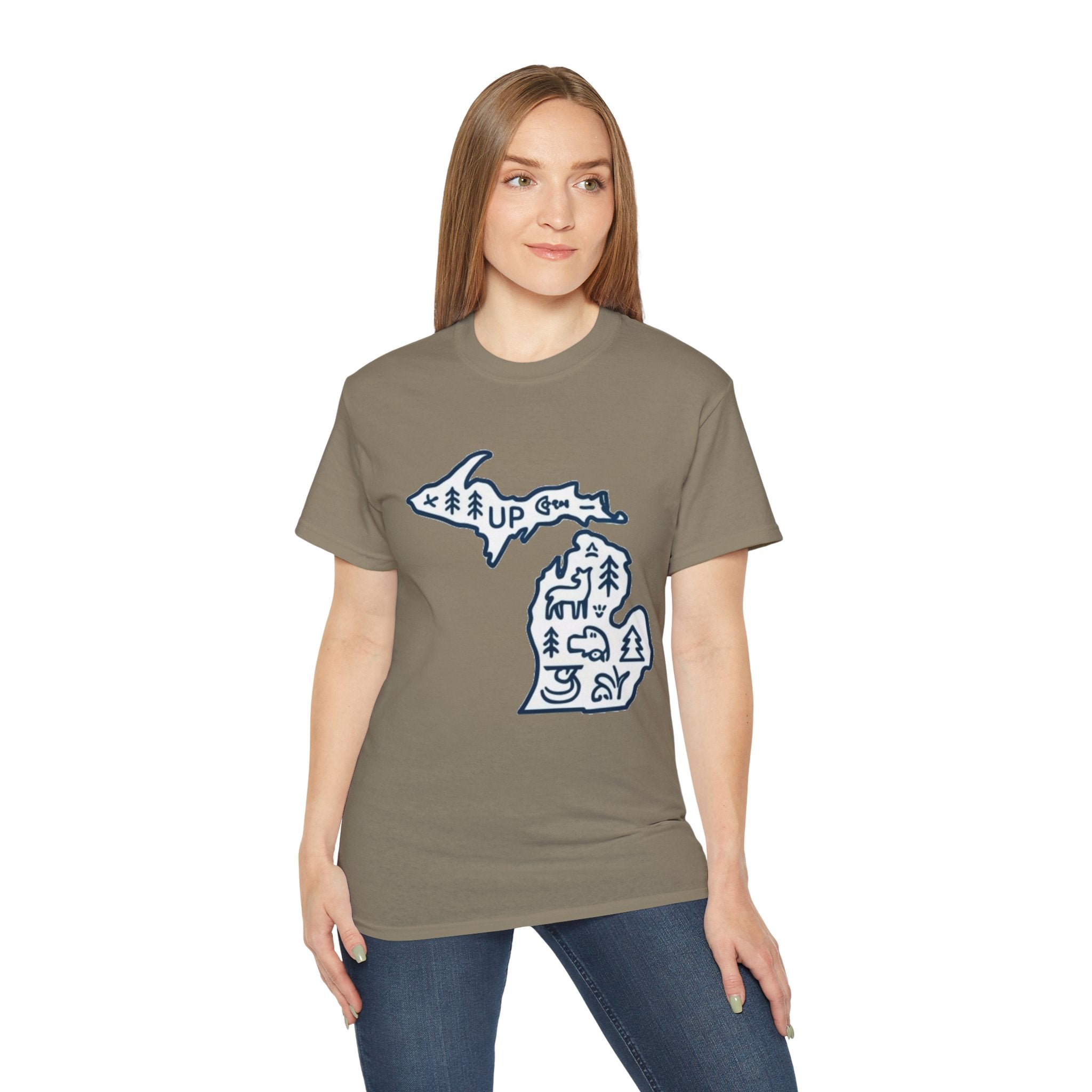 Michigan Outdoor Map T-Shirt — UP & Lower Peninsula Nature Design