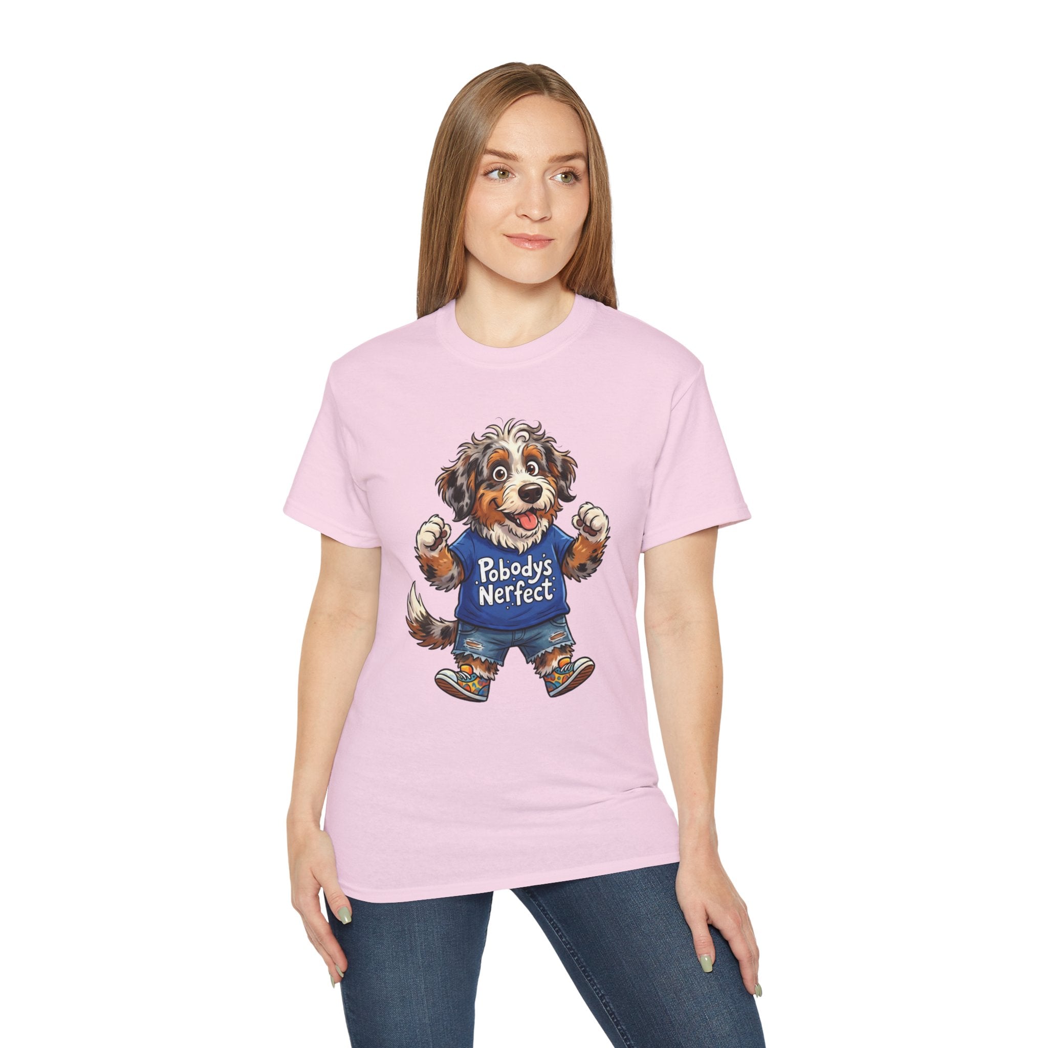 Dog Lover T‑Shirt – Cute Pup Wearing “Pobody's Nerfect” Shirt (Funny Pet Tee)