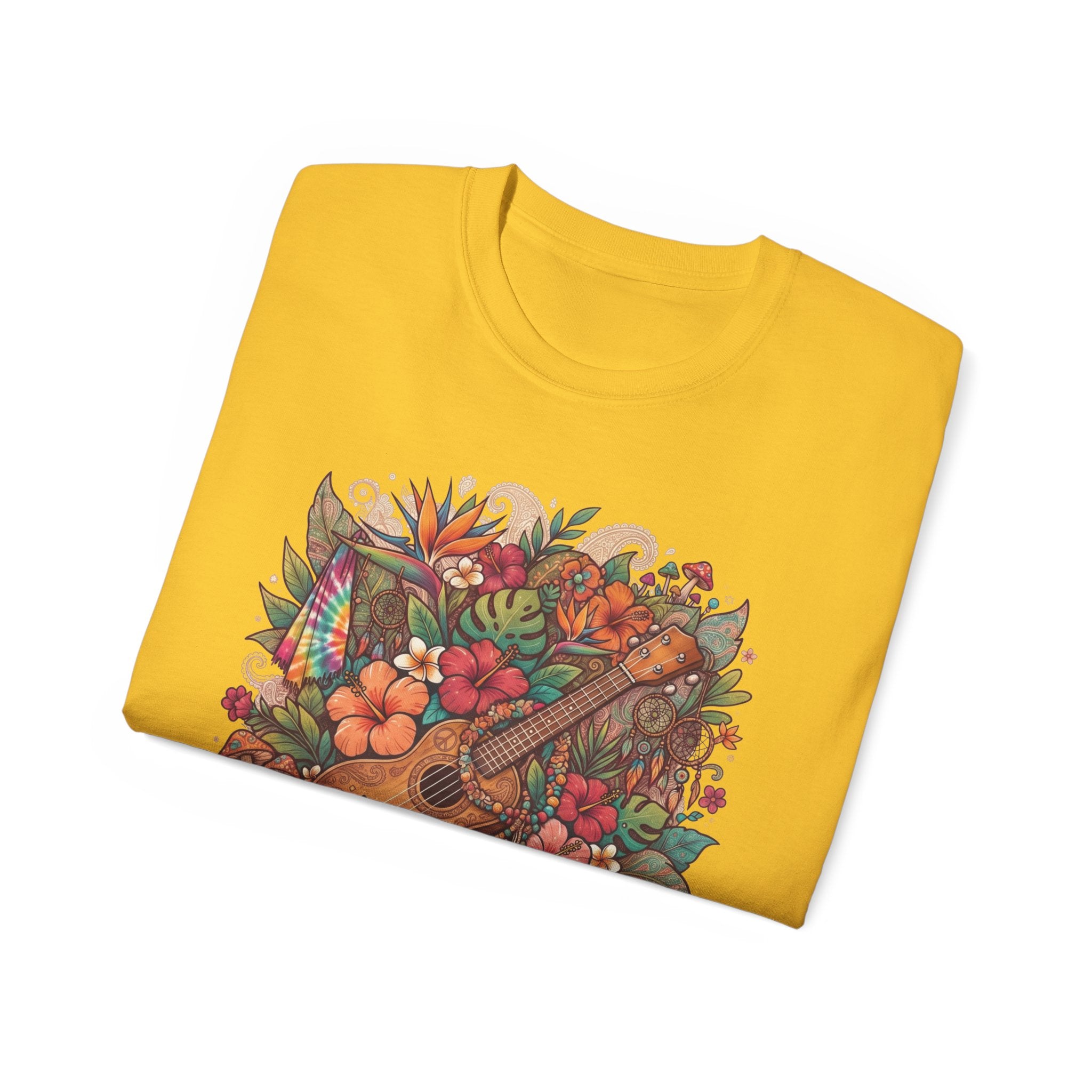 Floral Ukulele T-Shirt — Tropical Guitar & Hibiscus Flower Tee