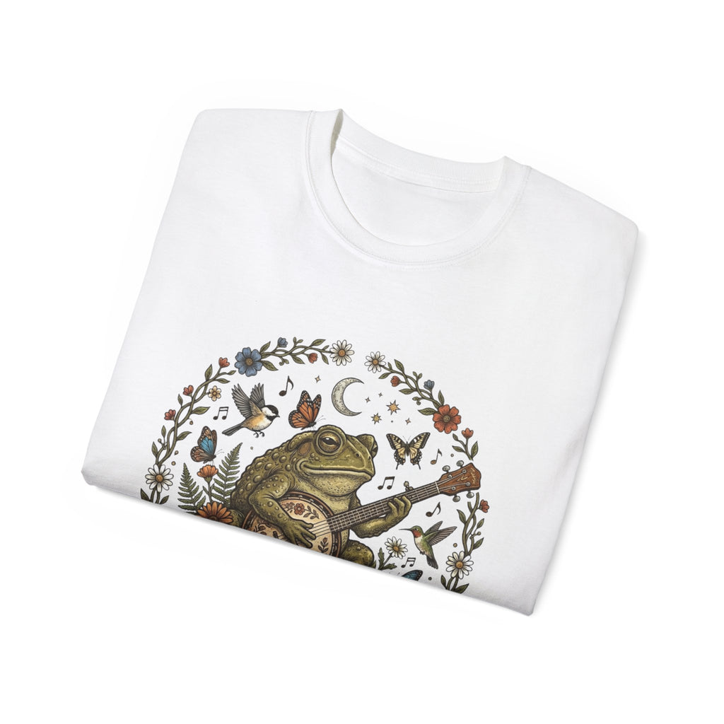Folk Art Toad Banjo Tee — Floral Moonlight Frog Banjo  T-Shirt