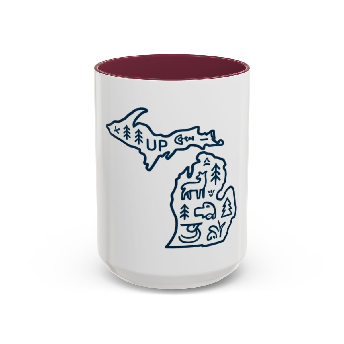 Michigan Outline Mug with UP & Outdoor Icons – Great Lakes State Coffee Cup (11oz/15oz)