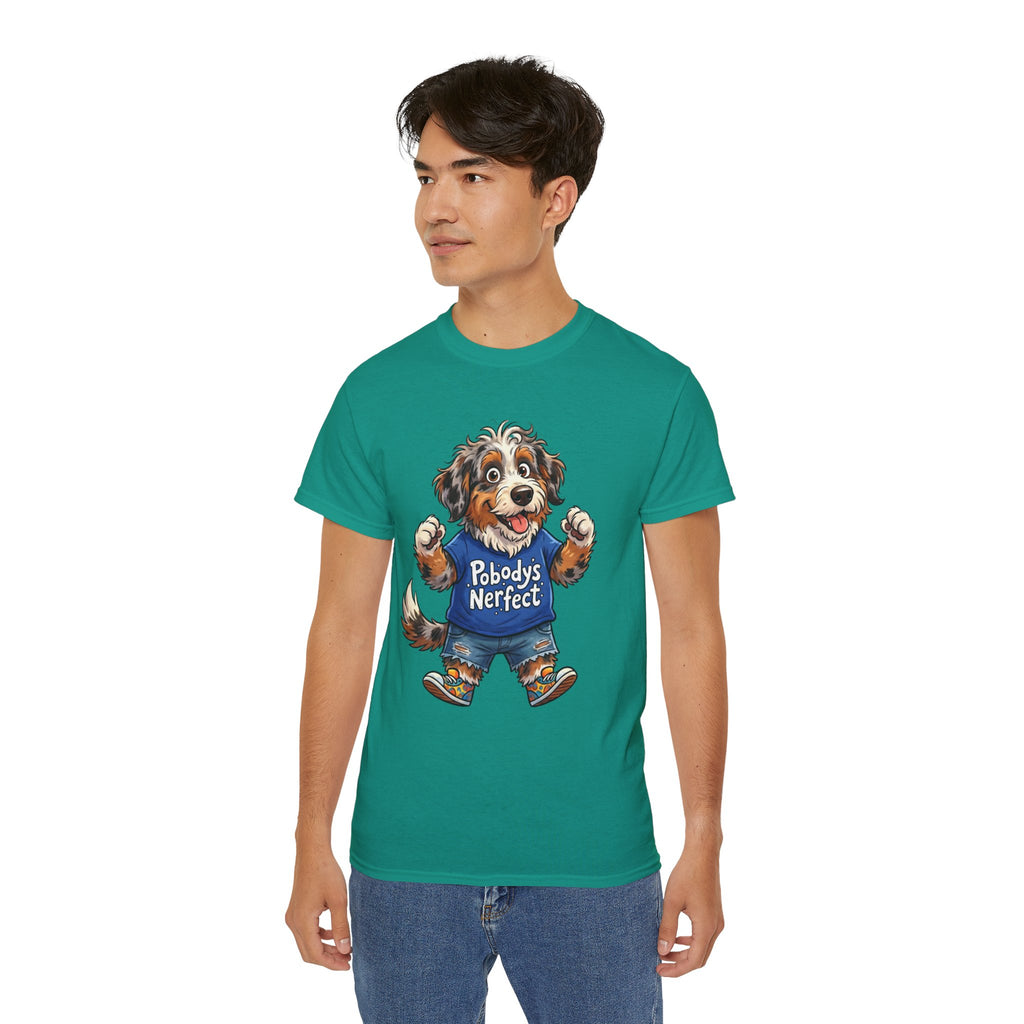 Dog Lover T‑Shirt – Cute Pup Wearing “Pobody's Nerfect” Shirt (Funny Pet Tee)