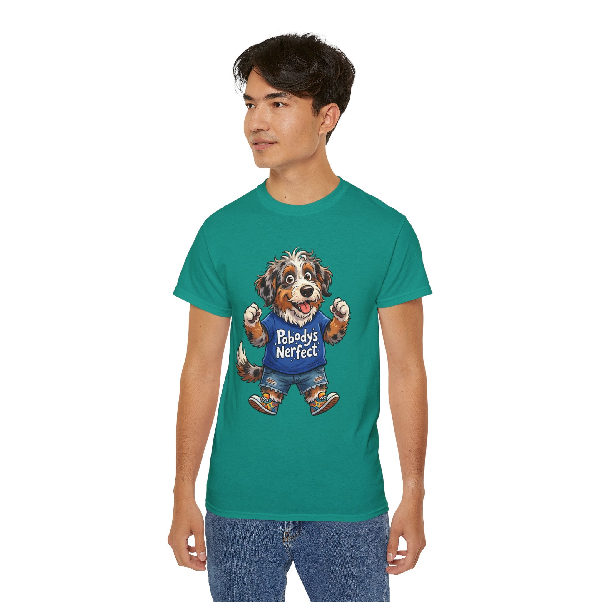 Dog Lover T‑Shirt – Cute Pup Wearing “Pobody's Nerfect” Shirt (Funny Pet Tee)