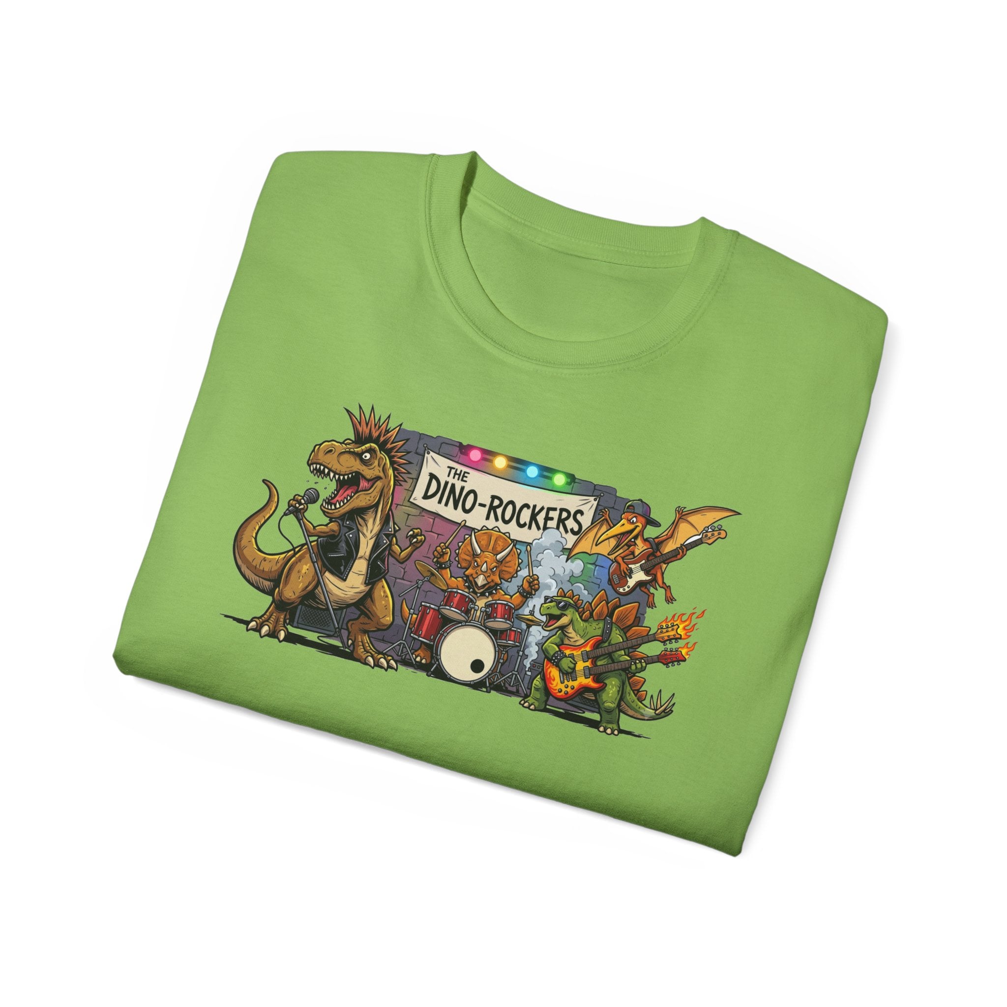 Dino Rockers T-Shirt – Retro Dinosaur Band Graphic Tee