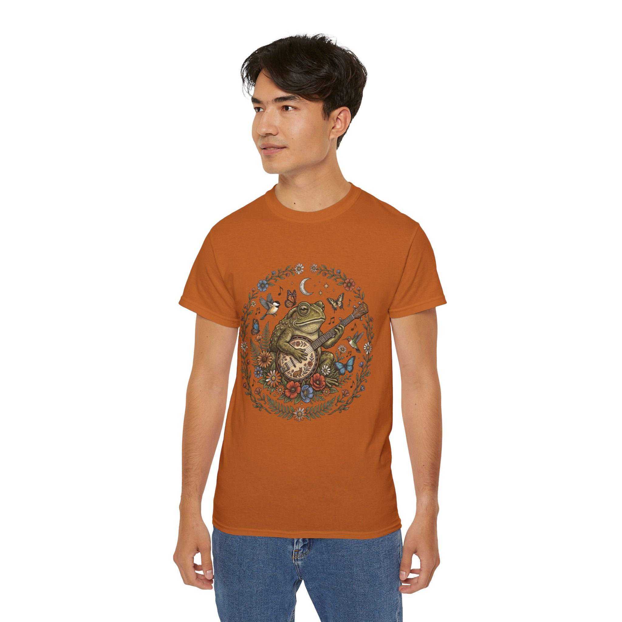 Folk Art Toad Banjo Tee — Floral Moonlight Frog Banjo  T-Shirt