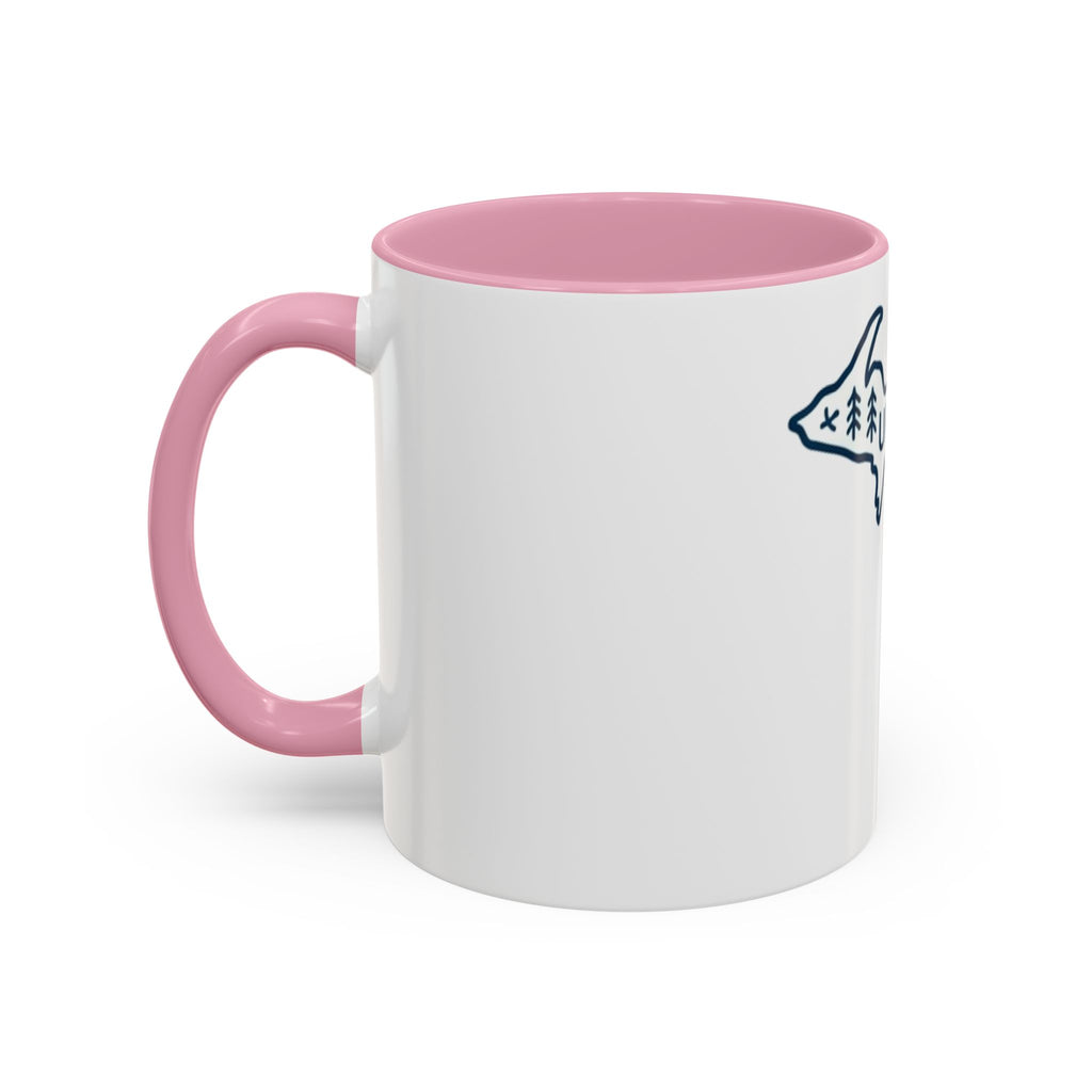 Michigan Outline Mug with UP & Outdoor Icons – Great Lakes State Coffee Cup (11oz/15oz)