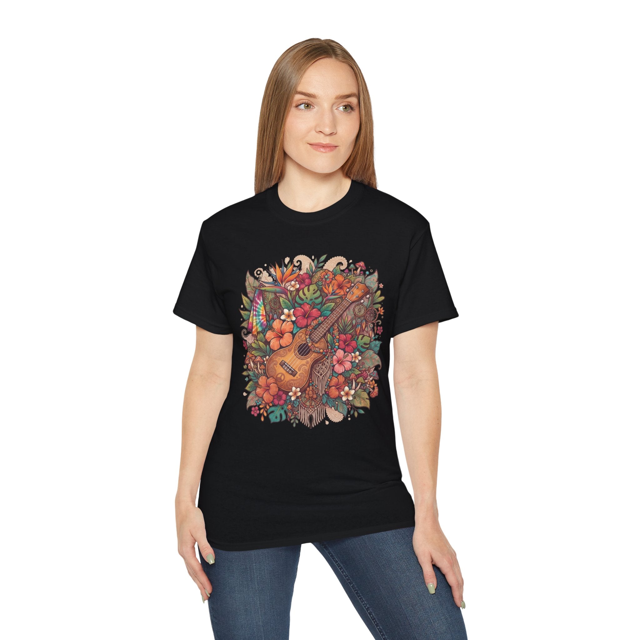 Floral Ukulele T-Shirt — Tropical Guitar & Hibiscus Flower Tee
