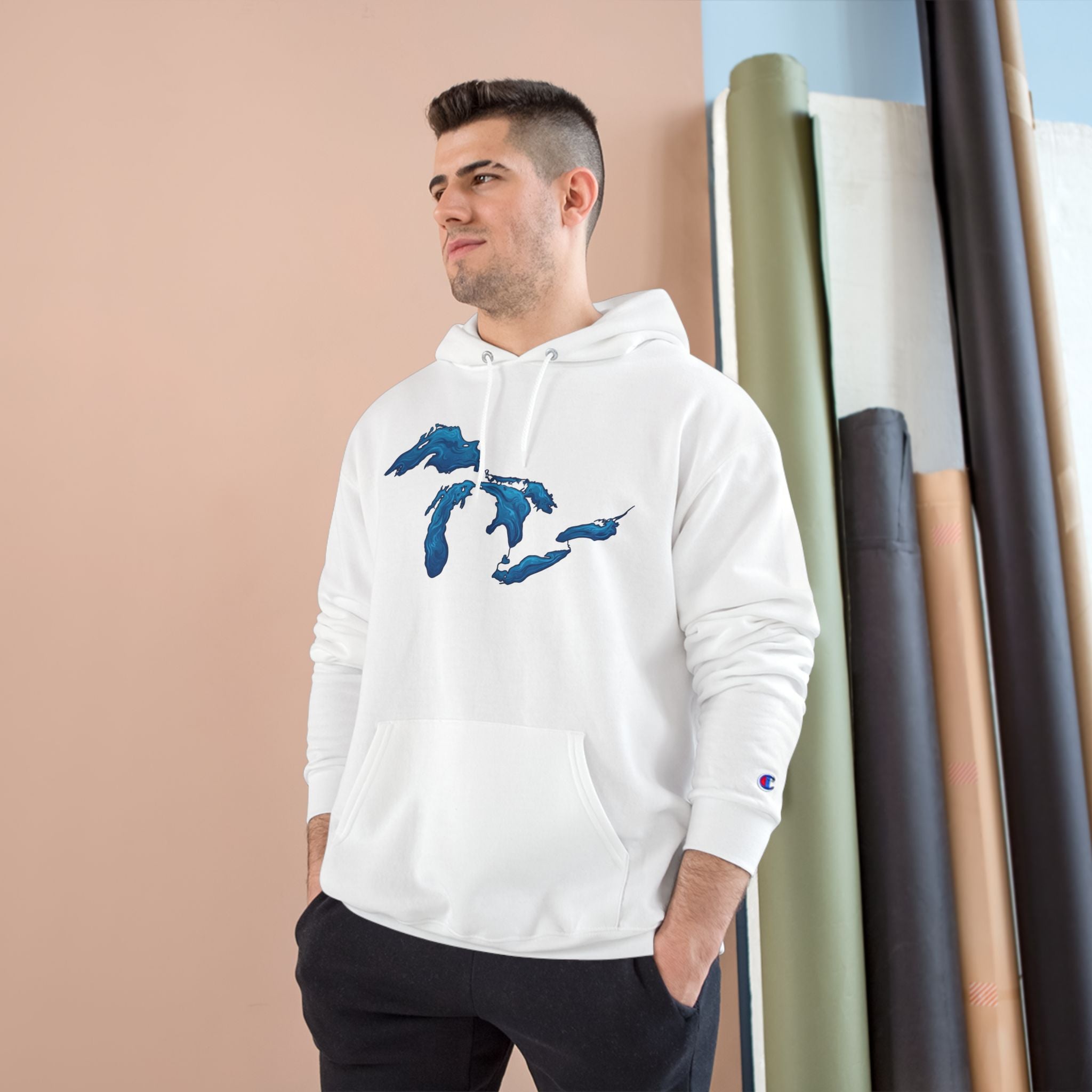 Great Lakes Map Hoodie — Blue Water Illustration on White
