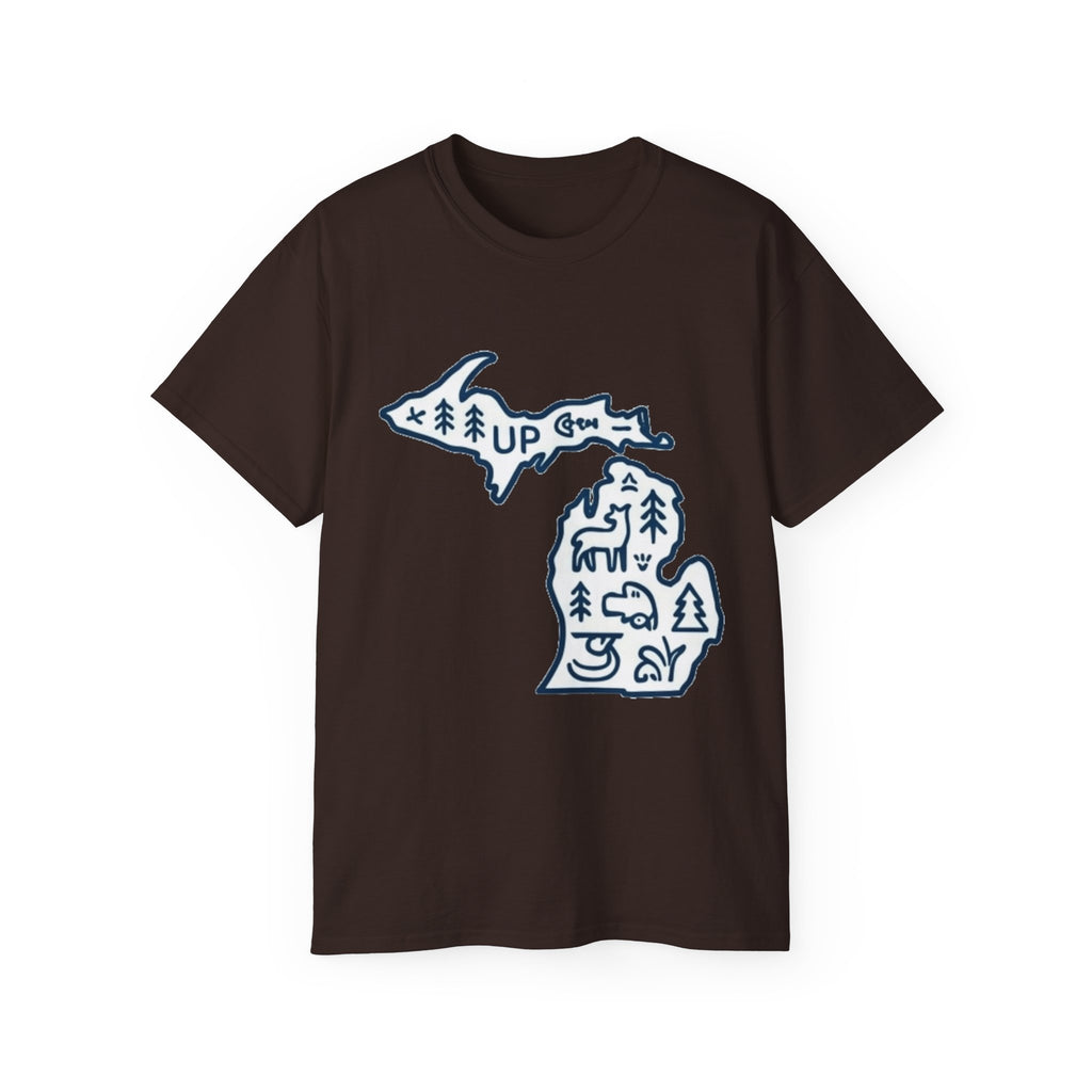 Michigan Outdoor Map T-Shirt — UP & Lower Peninsula Nature Design