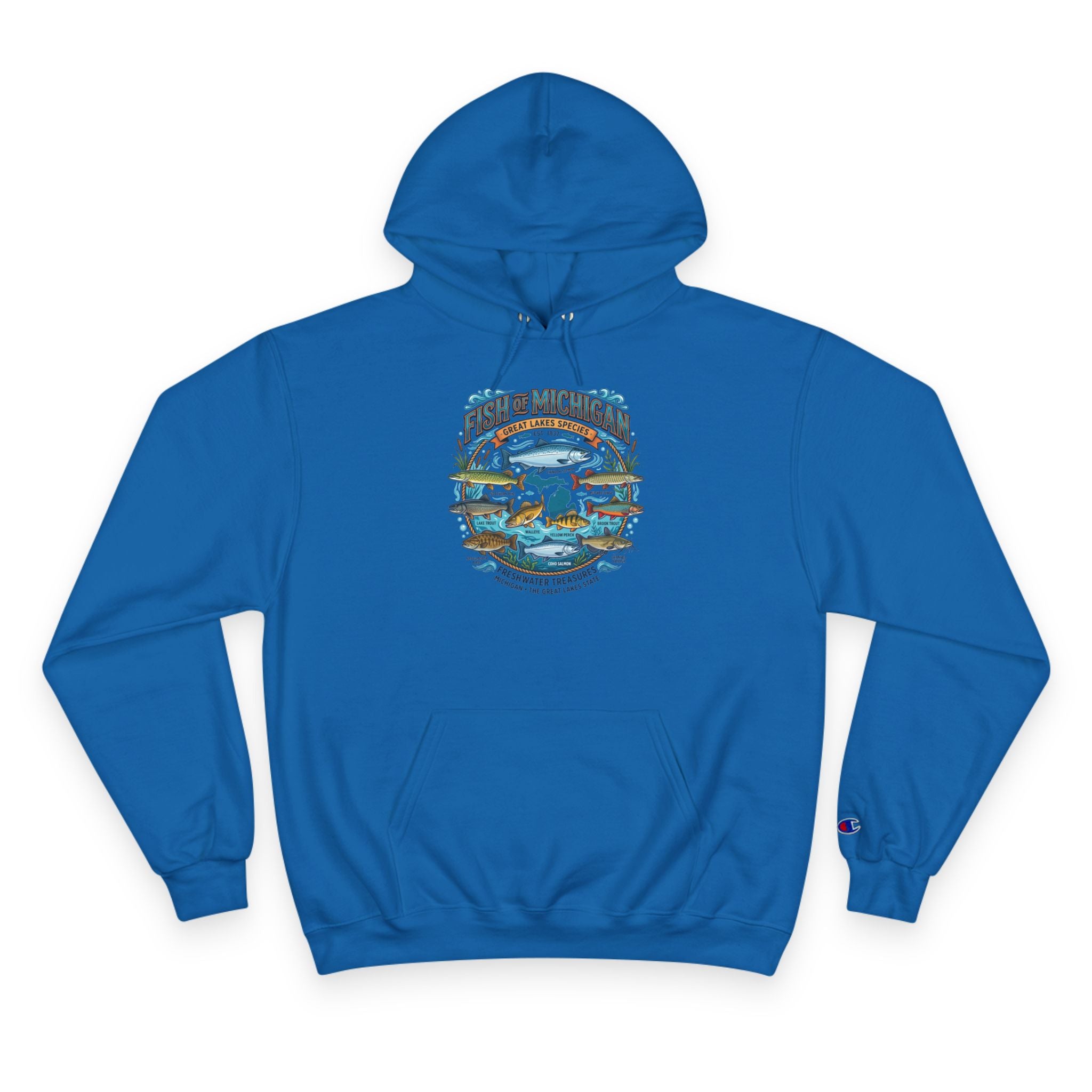 Retro Fishing Lakes Graphic Pullover Hoodie — Champion Hoodie
