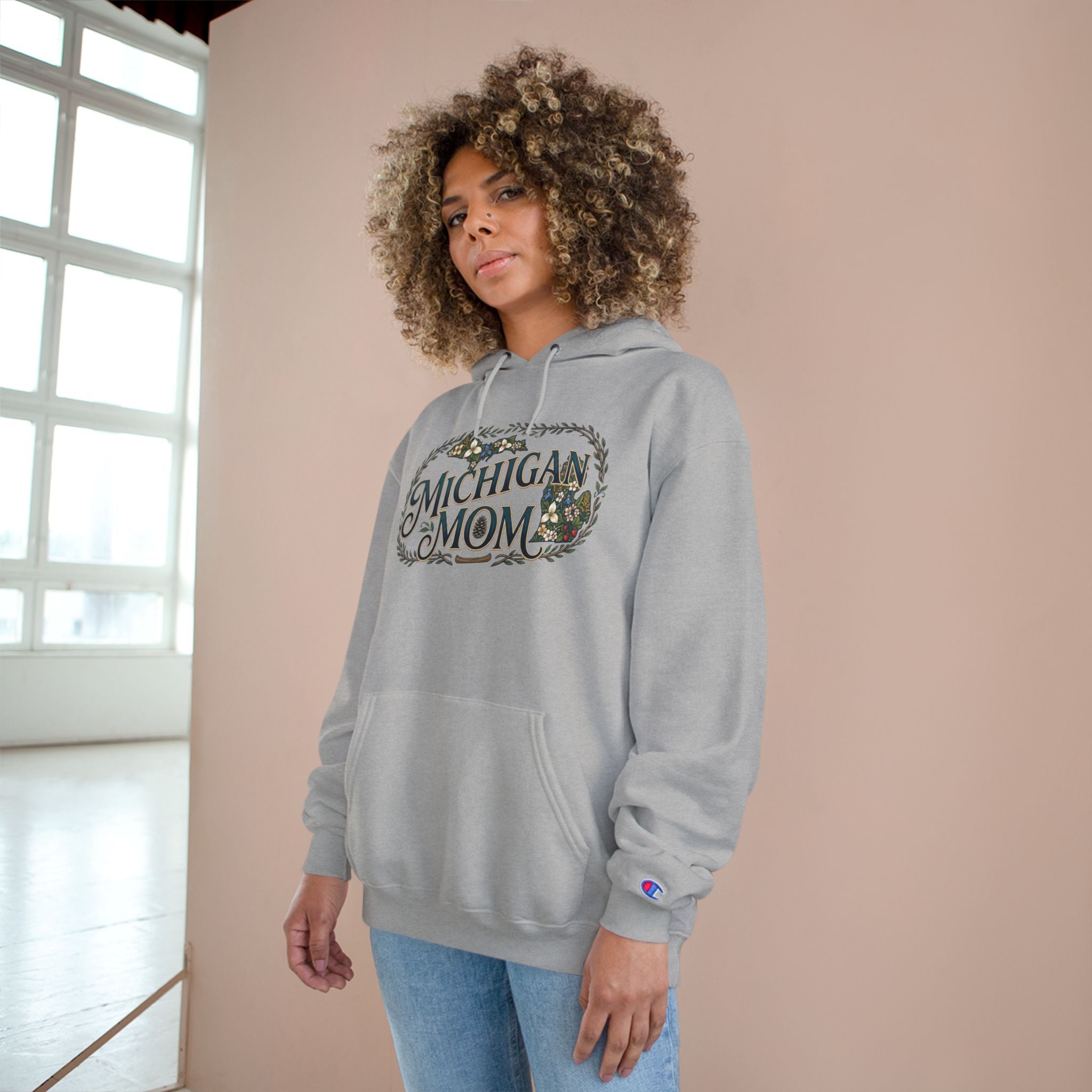 Michigan Mom Hoodie – Champion Pullover with Vintage State Floral Design
