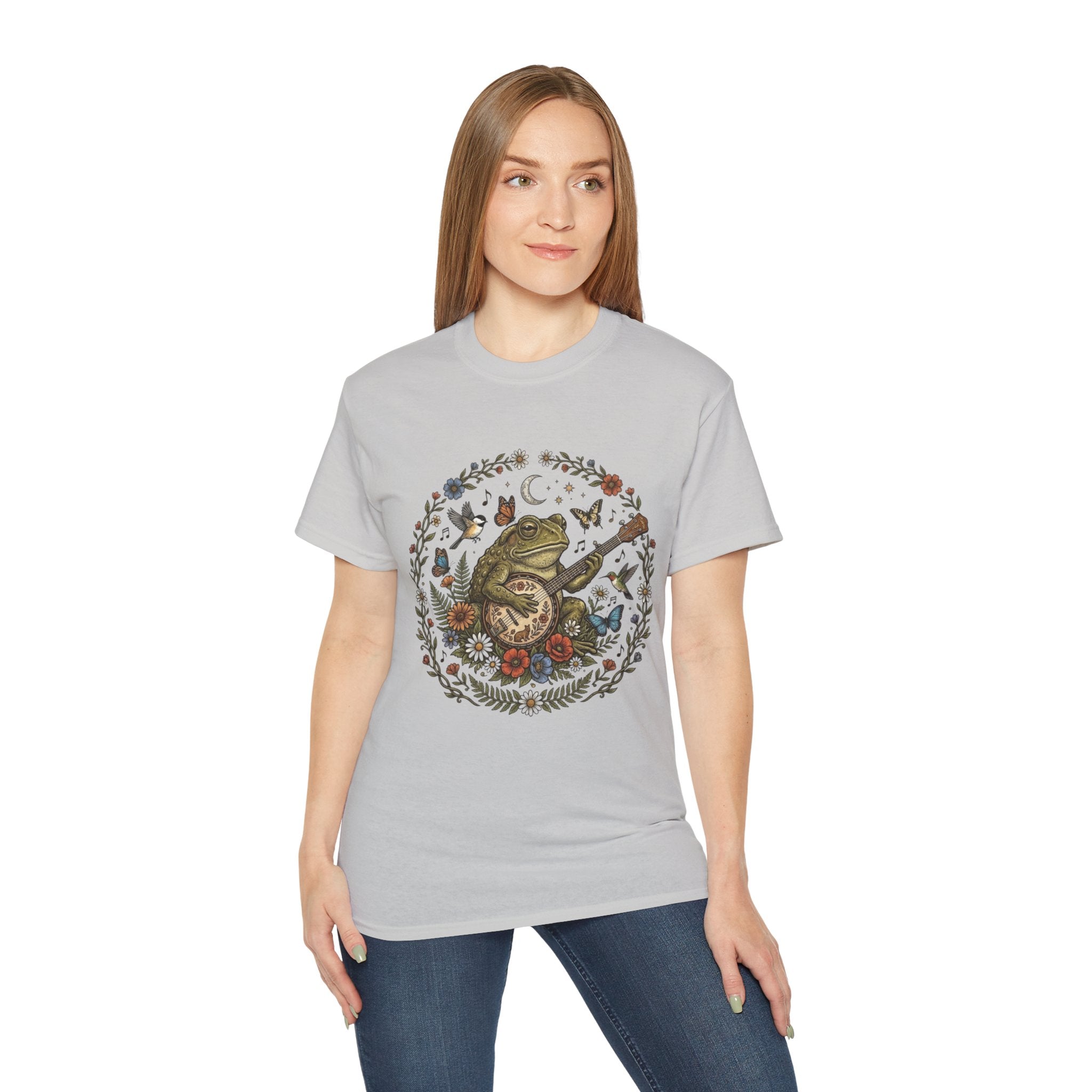 Folk Art Toad Banjo Tee — Floral Moonlight Frog Banjo  T-Shirt