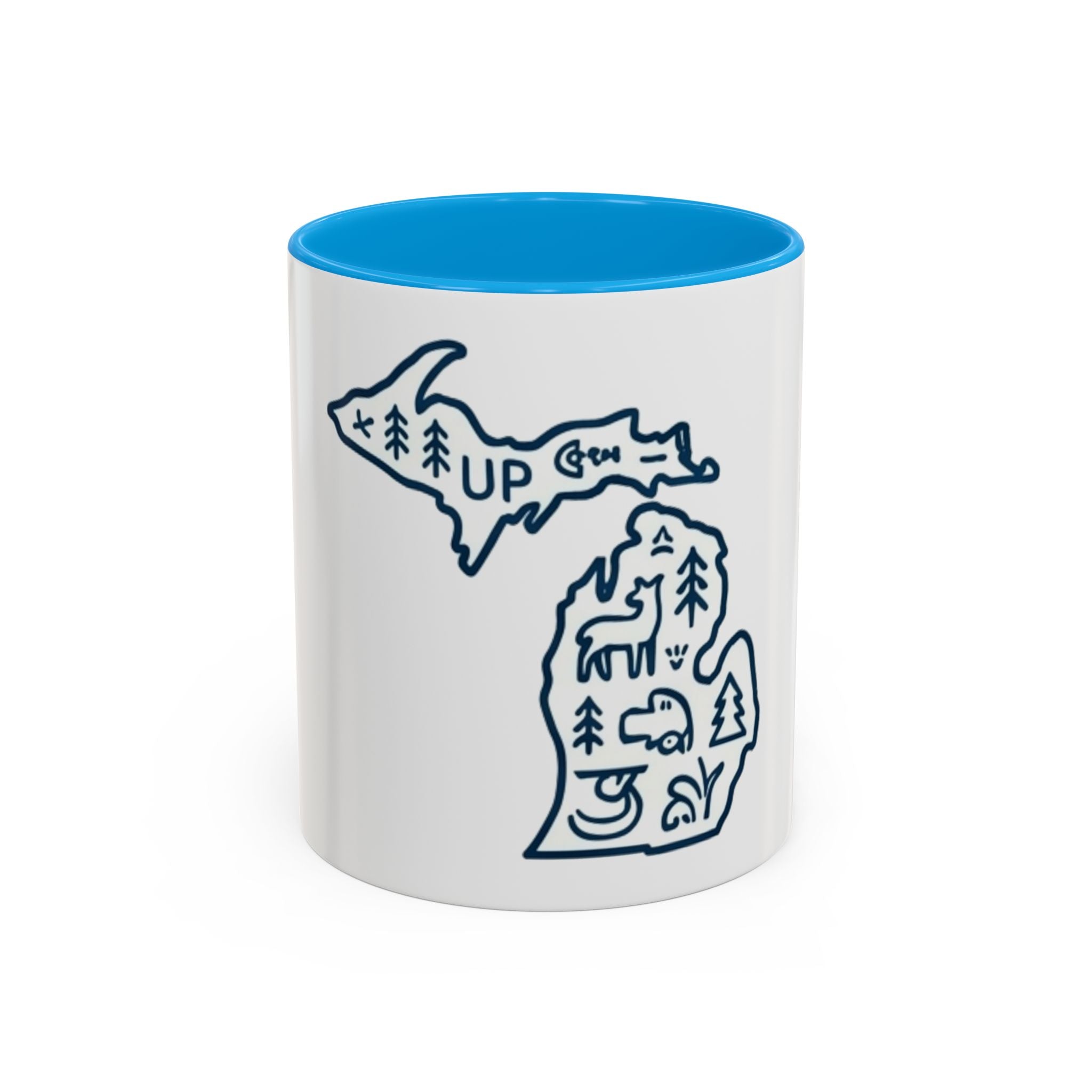 Michigan Outline Mug with UP & Outdoor Icons – Great Lakes State Coffee Cup (11oz/15oz)