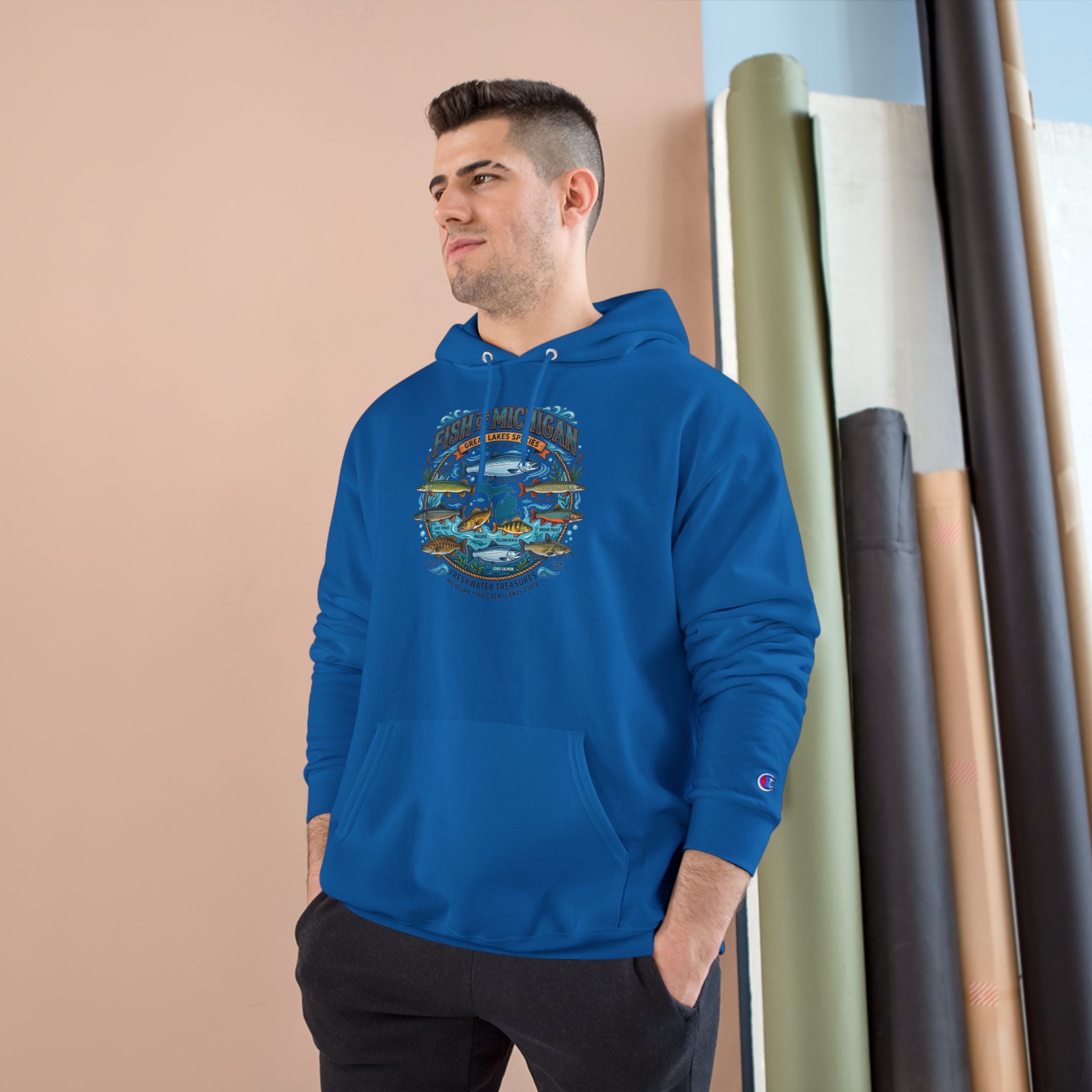 Retro Fishing Lakes Graphic Pullover Hoodie — Champion Hoodie