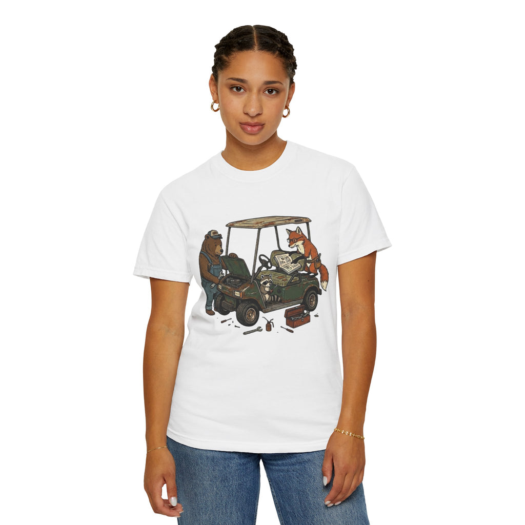 Golf Cart Mechanics T-Shirt — Bear & Fox Cartoon Repair Design