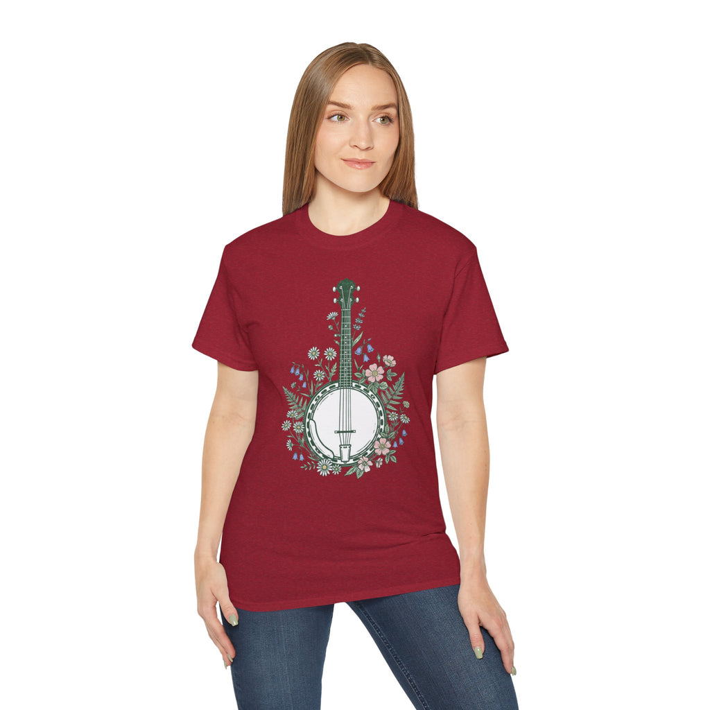 Floral Banjo Tee — Botanical Music Graphic T-Shirt