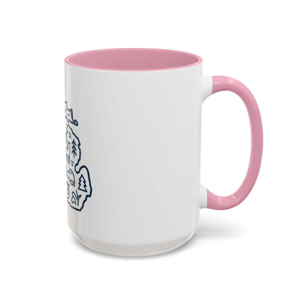Michigan Outline Mug with UP & Outdoor Icons – Great Lakes State Coffee Cup (11oz/15oz)