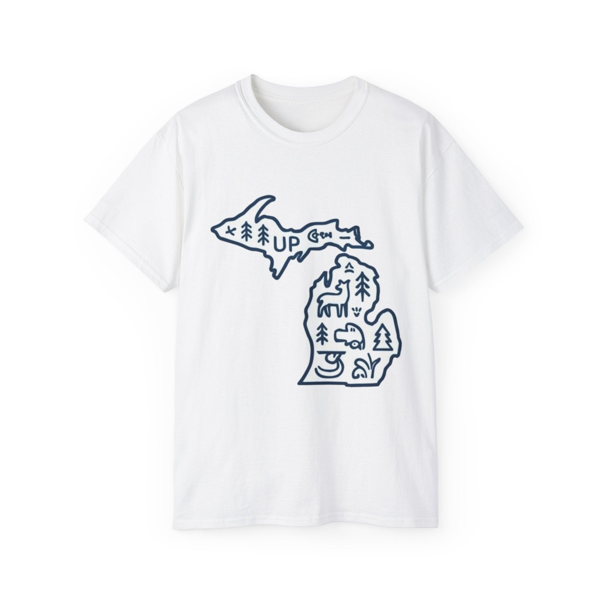 Michigan Outdoor Map T-Shirt — UP & Lower Peninsula Nature Design