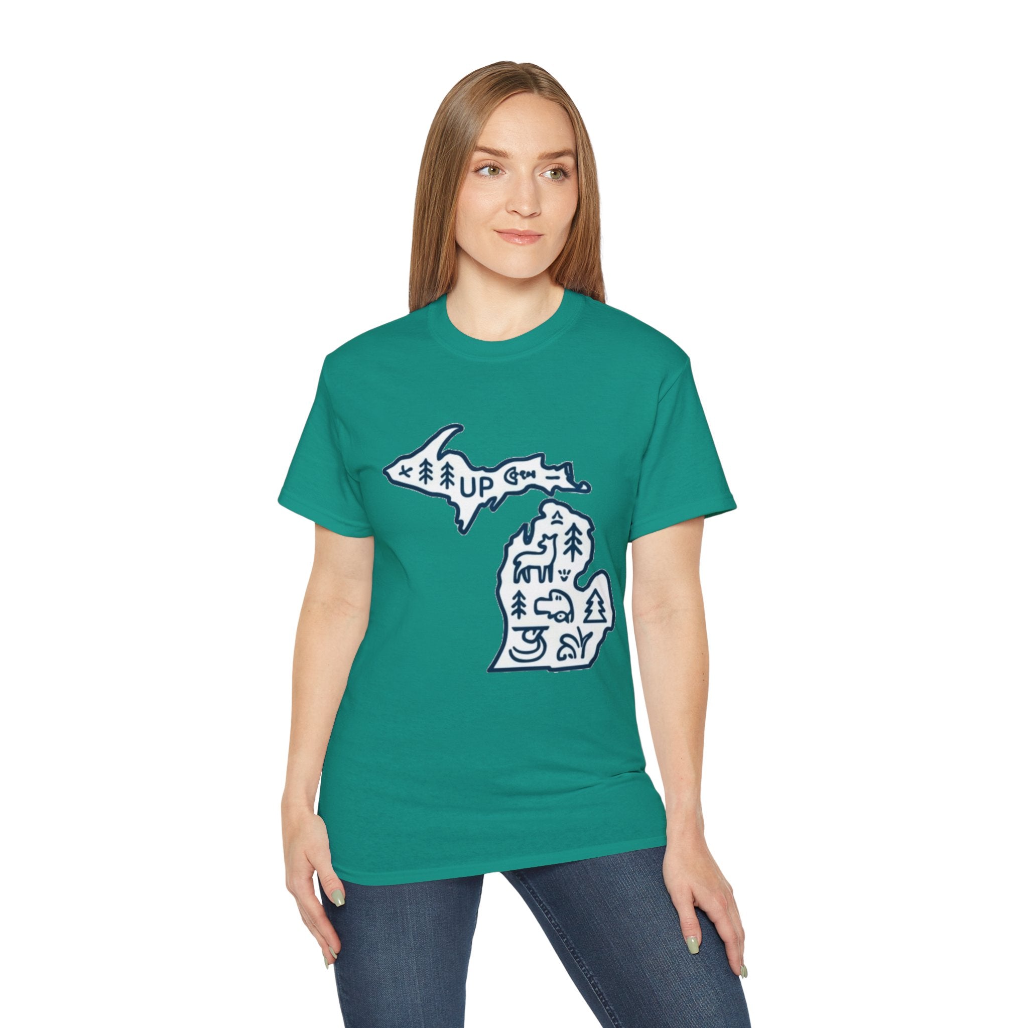 Michigan Outdoor Map T-Shirt — UP & Lower Peninsula Nature Design