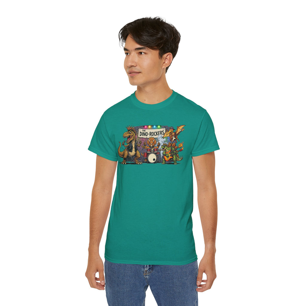Dino Rockers T-Shirt – Retro Dinosaur Band Graphic Tee