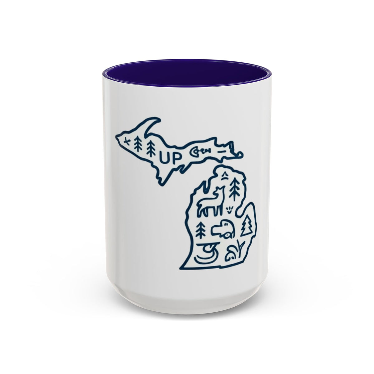 Michigan Outline Mug with UP & Outdoor Icons – Great Lakes State Coffee Cup (11oz/15oz)