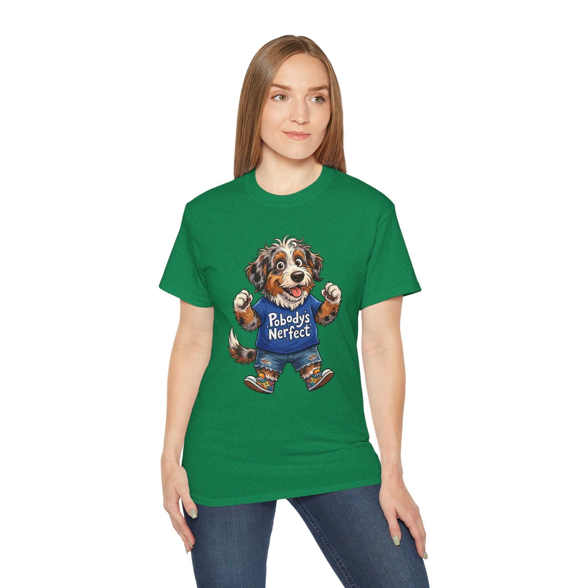 Dog Lover T‑Shirt – Cute Pup Wearing “Pobody's Nerfect” Shirt (Funny Pet Tee)