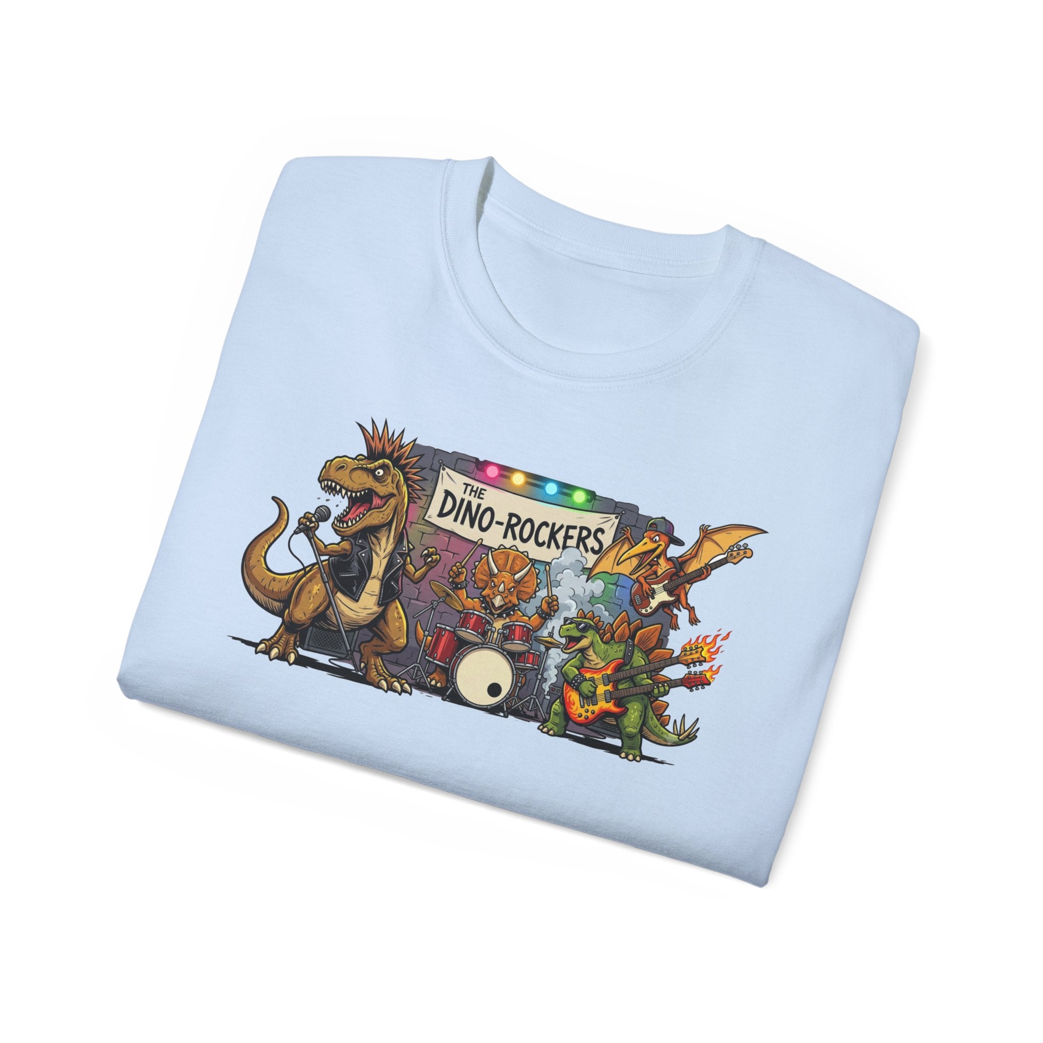 Dino Rockers T-Shirt – Retro Dinosaur Band Graphic Tee